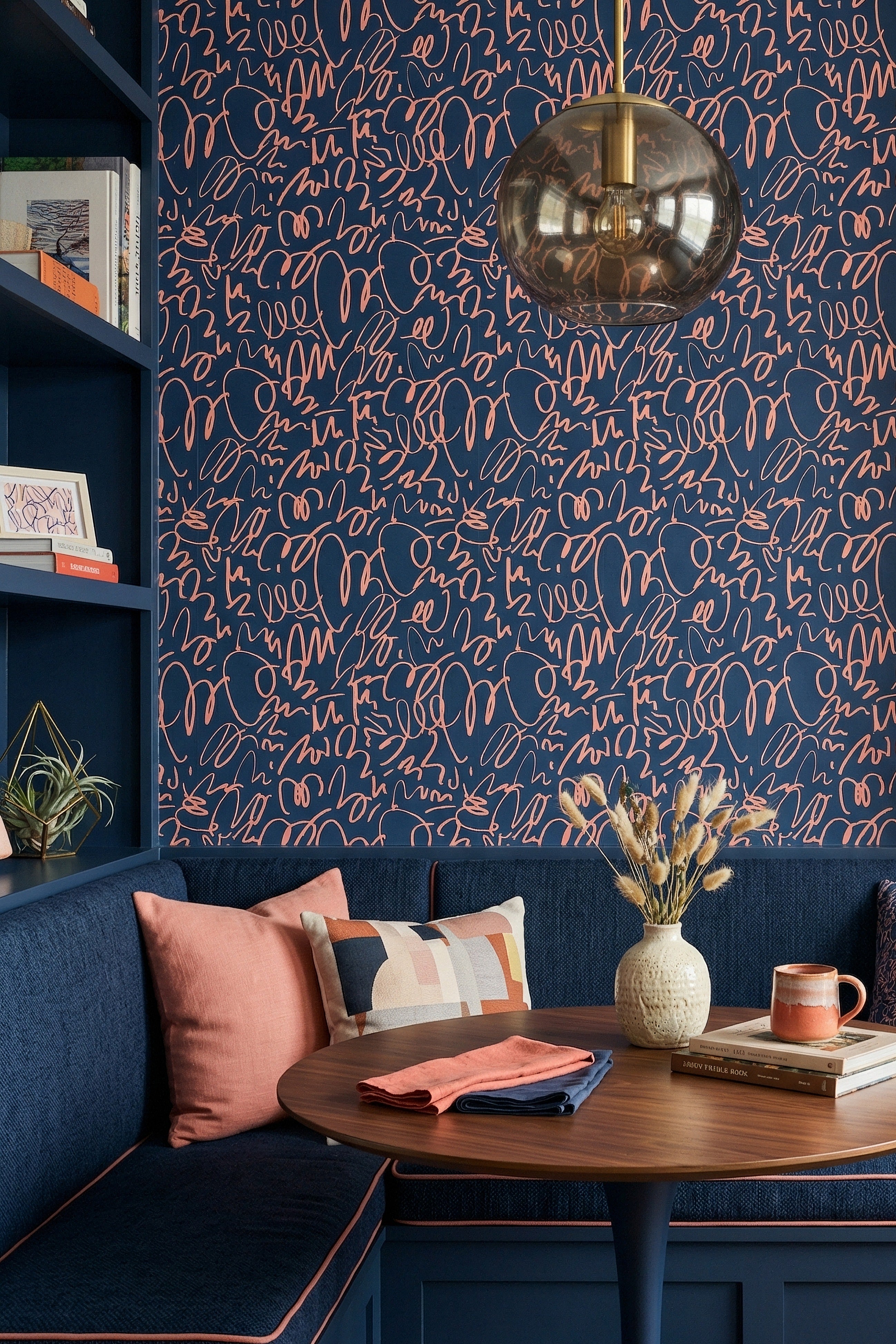 Free-flowing coral scribbles on a deep navy wallpaper in a cozy nook.