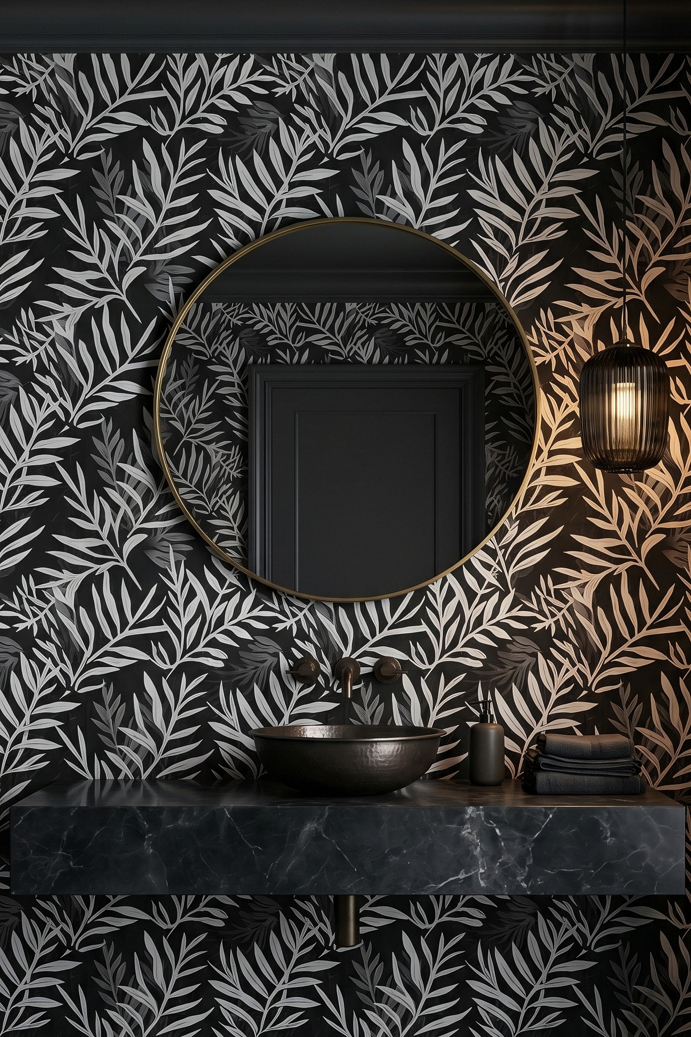 Crisp white leaves and vines on true black wallpaper in a powder room.