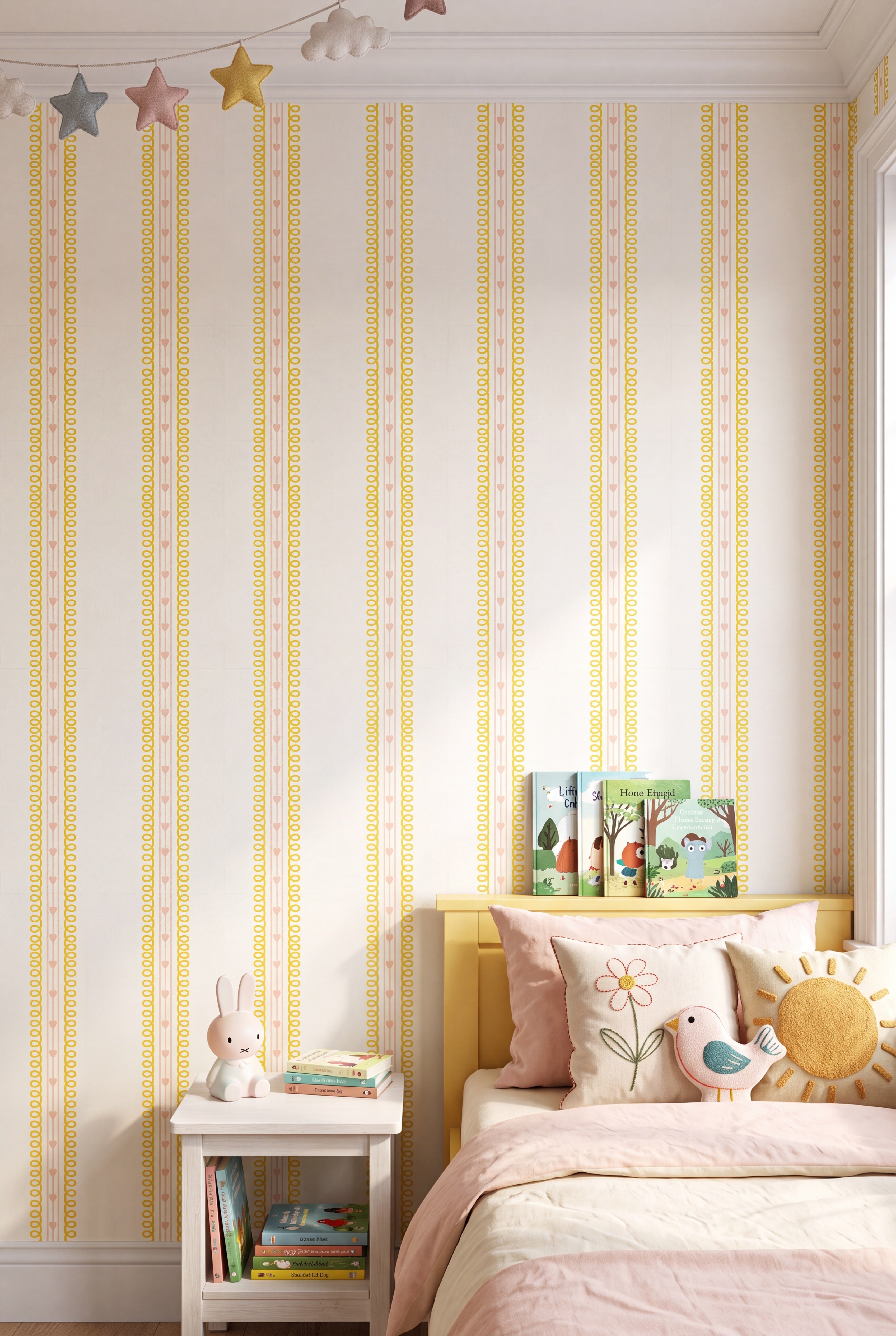 Sunny yellow stripes with blush hearts on a white wallpaper in a kids' room.