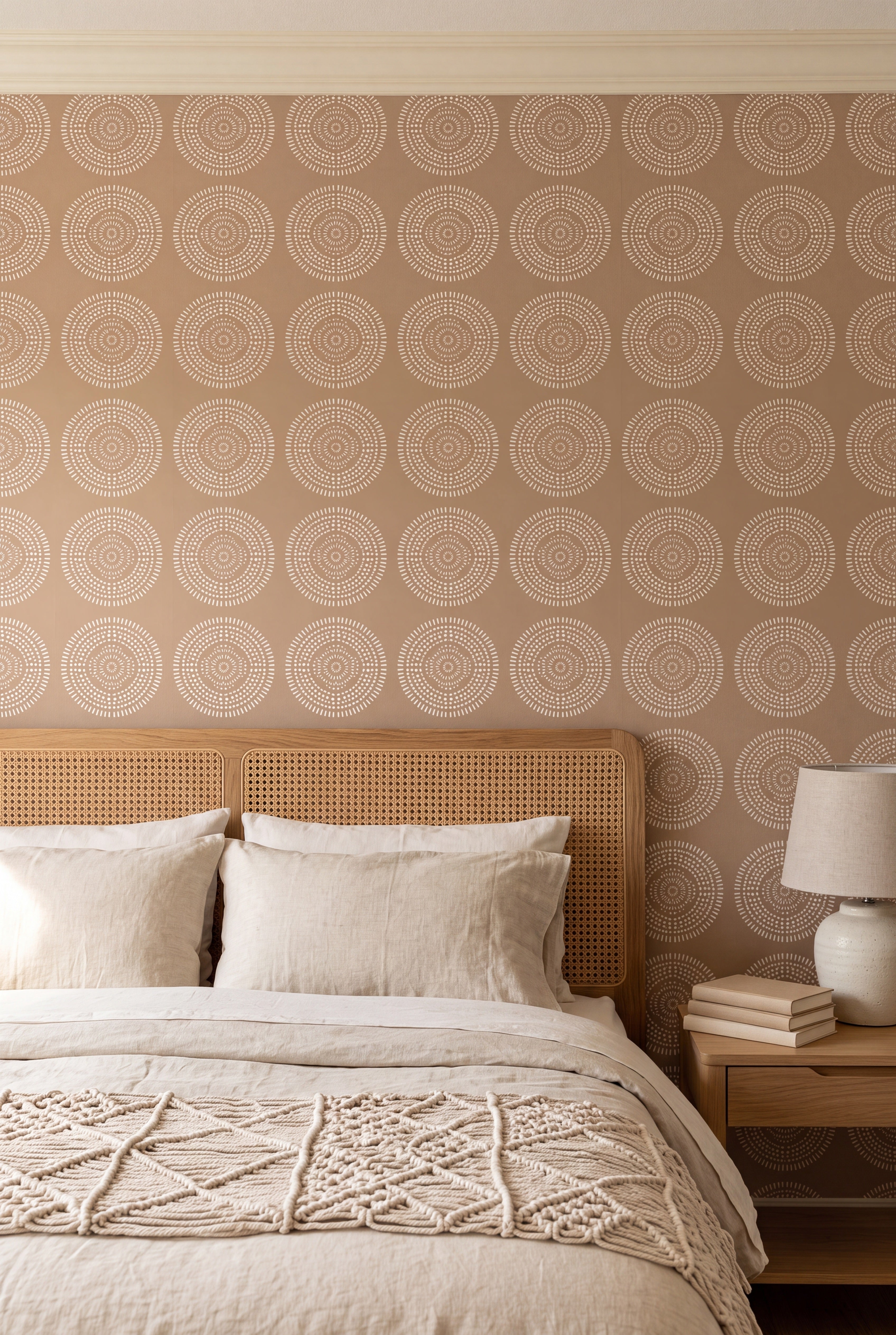 White mandala medallions on warm mocha-brown wallpaper in a bedroom.
