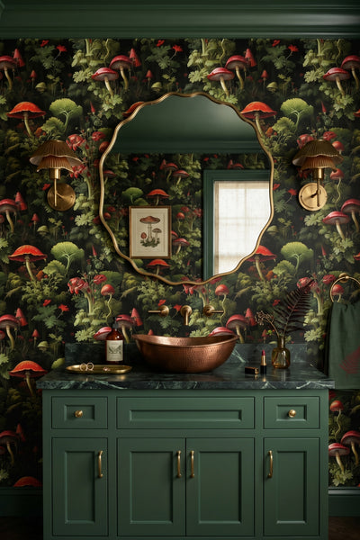 Vintage toadstools and warm forest foliage on a wallpaper in a powder room.