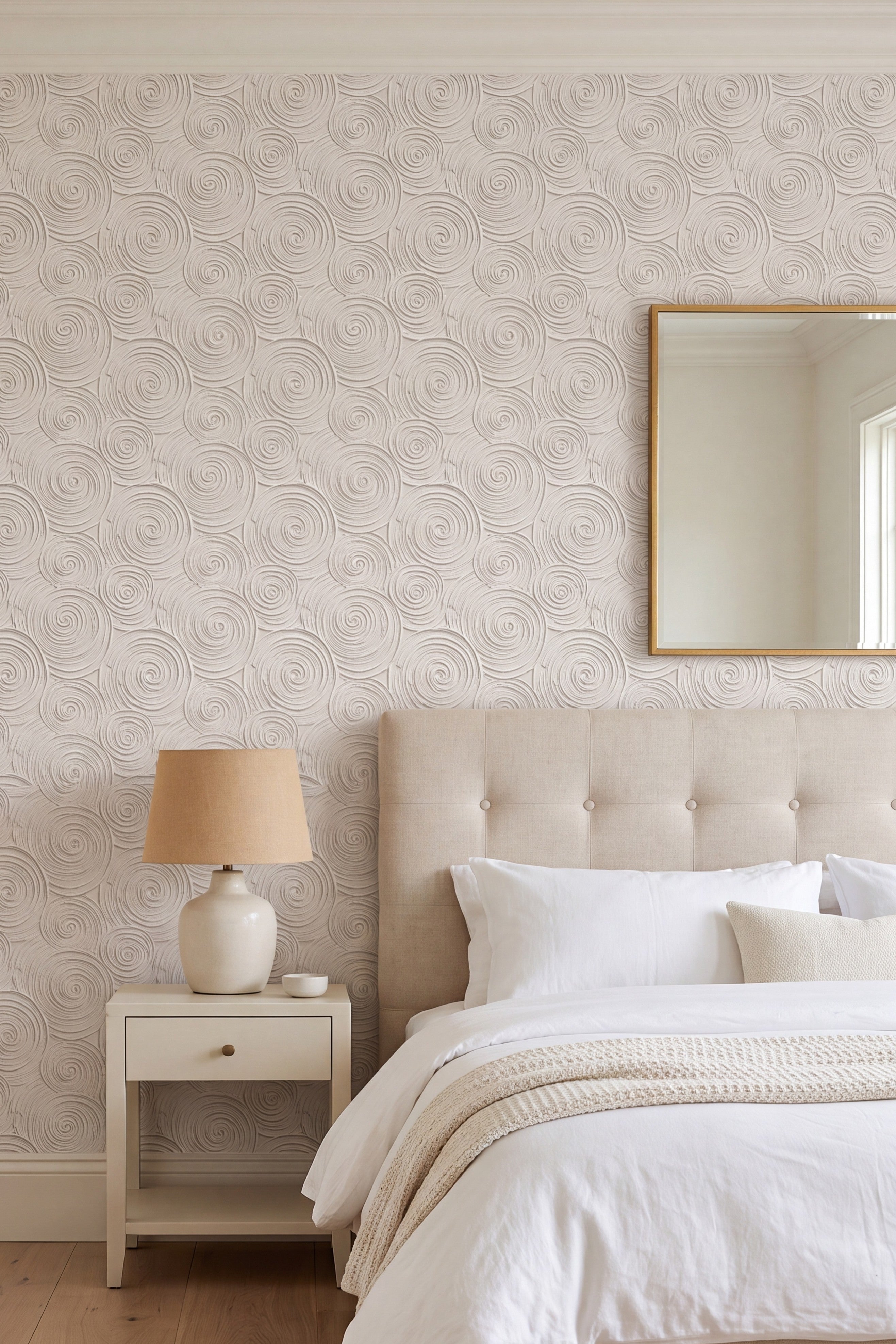 Ivory botanical swirl wallpaper in a bedroom.