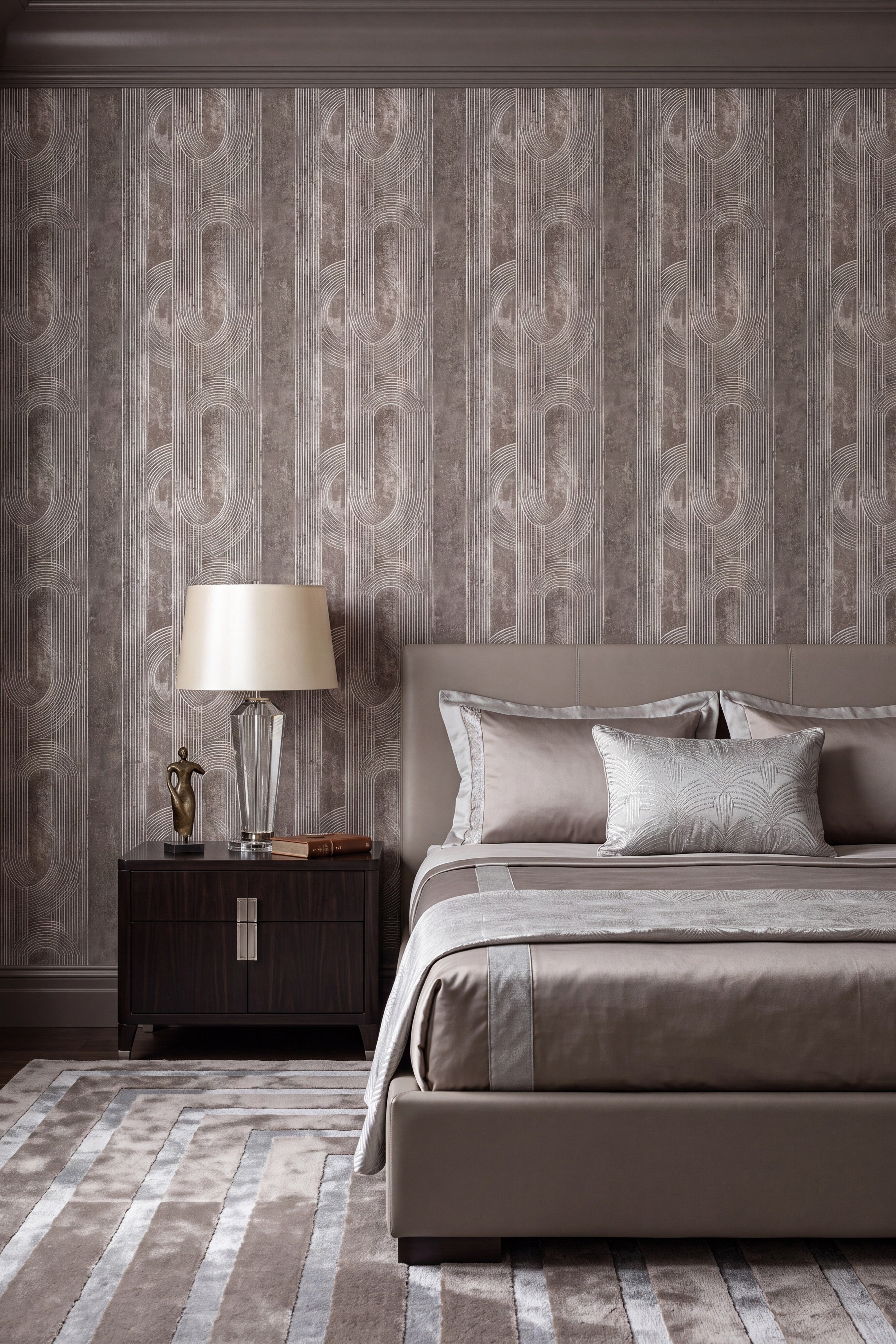 Gray weathered wood look wallpaper in a bedroom.