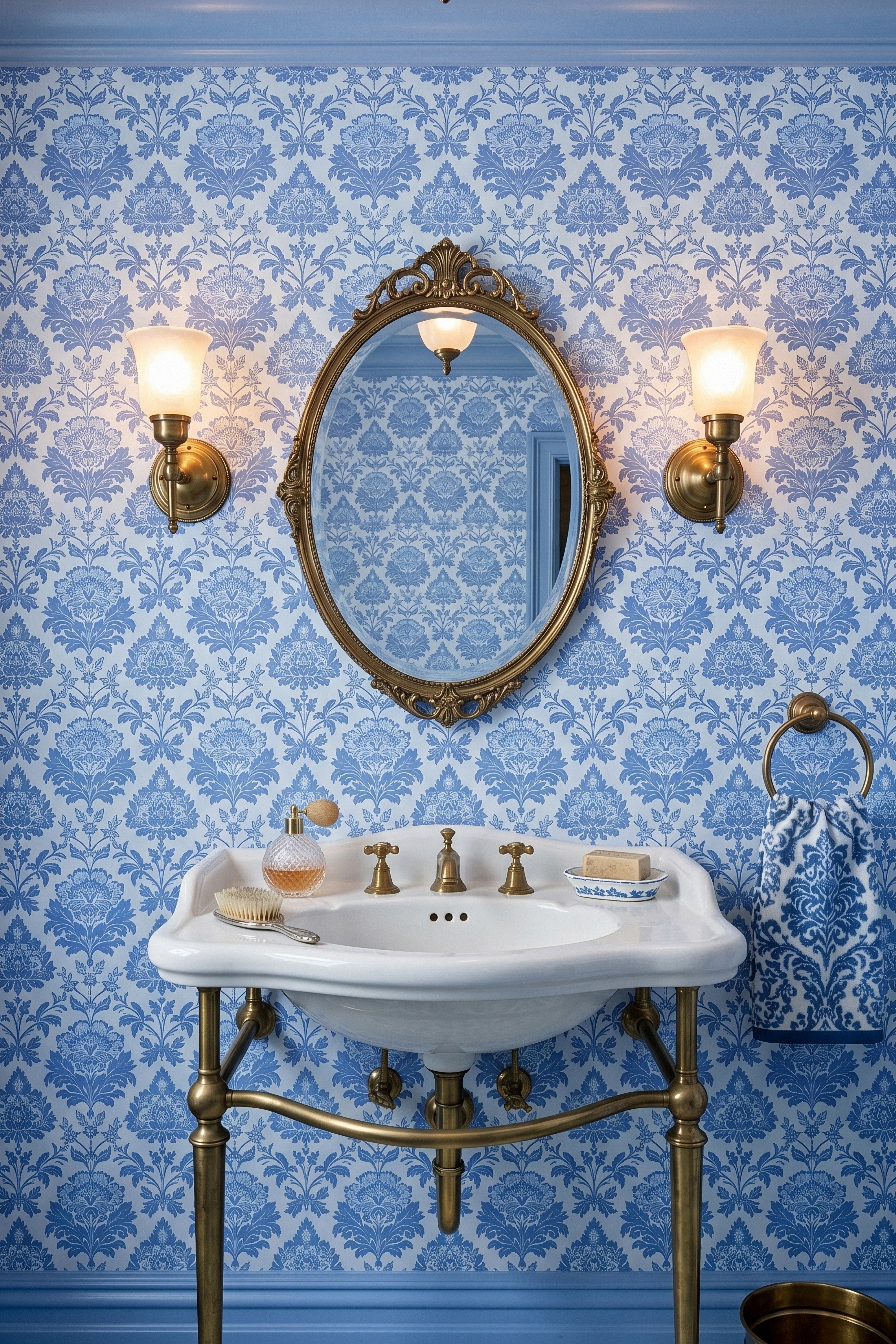 Rich blue Victorian damask wallpaper in a powder room.