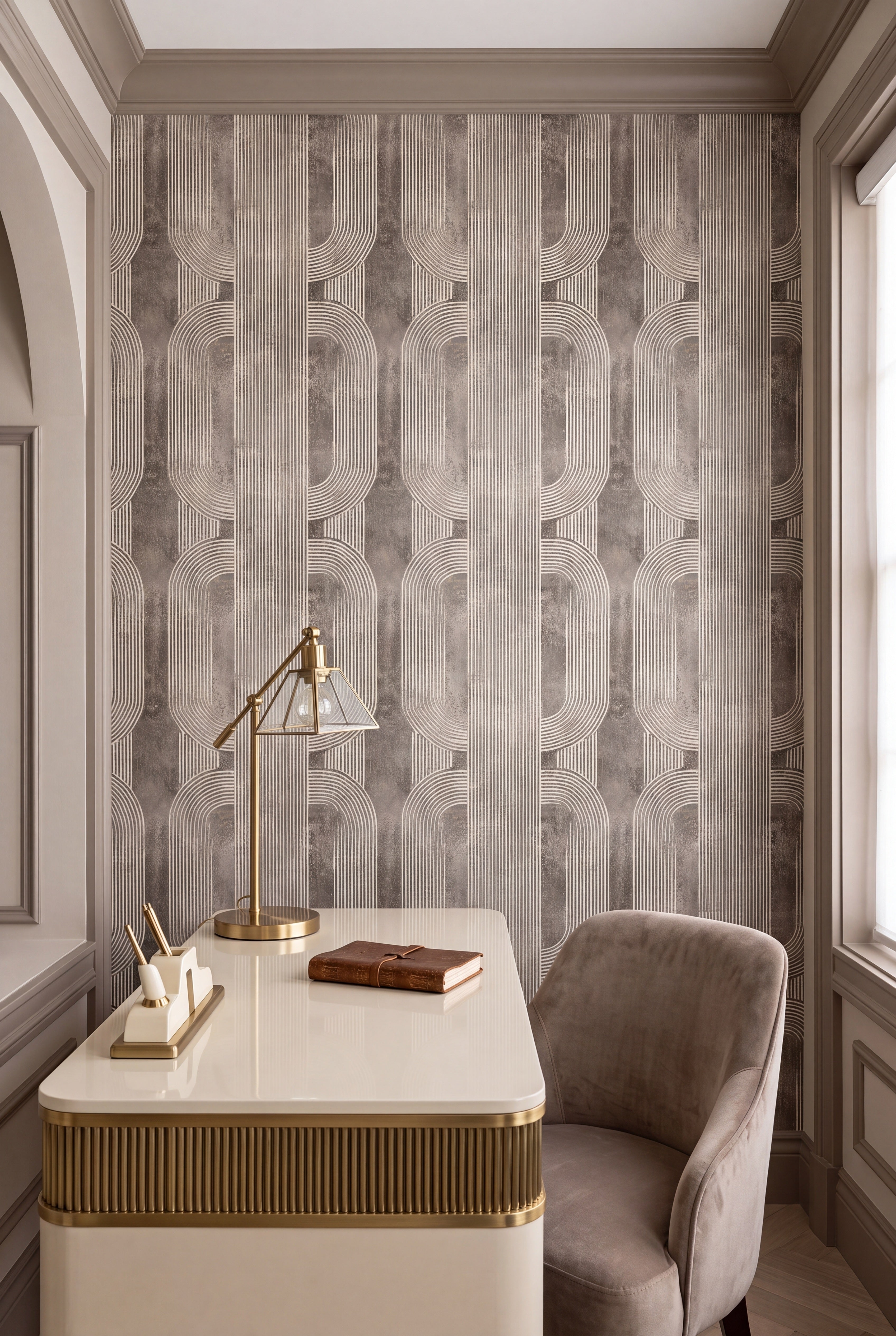 Warm brown Moroccan arches on beige wallpaper in a home office.