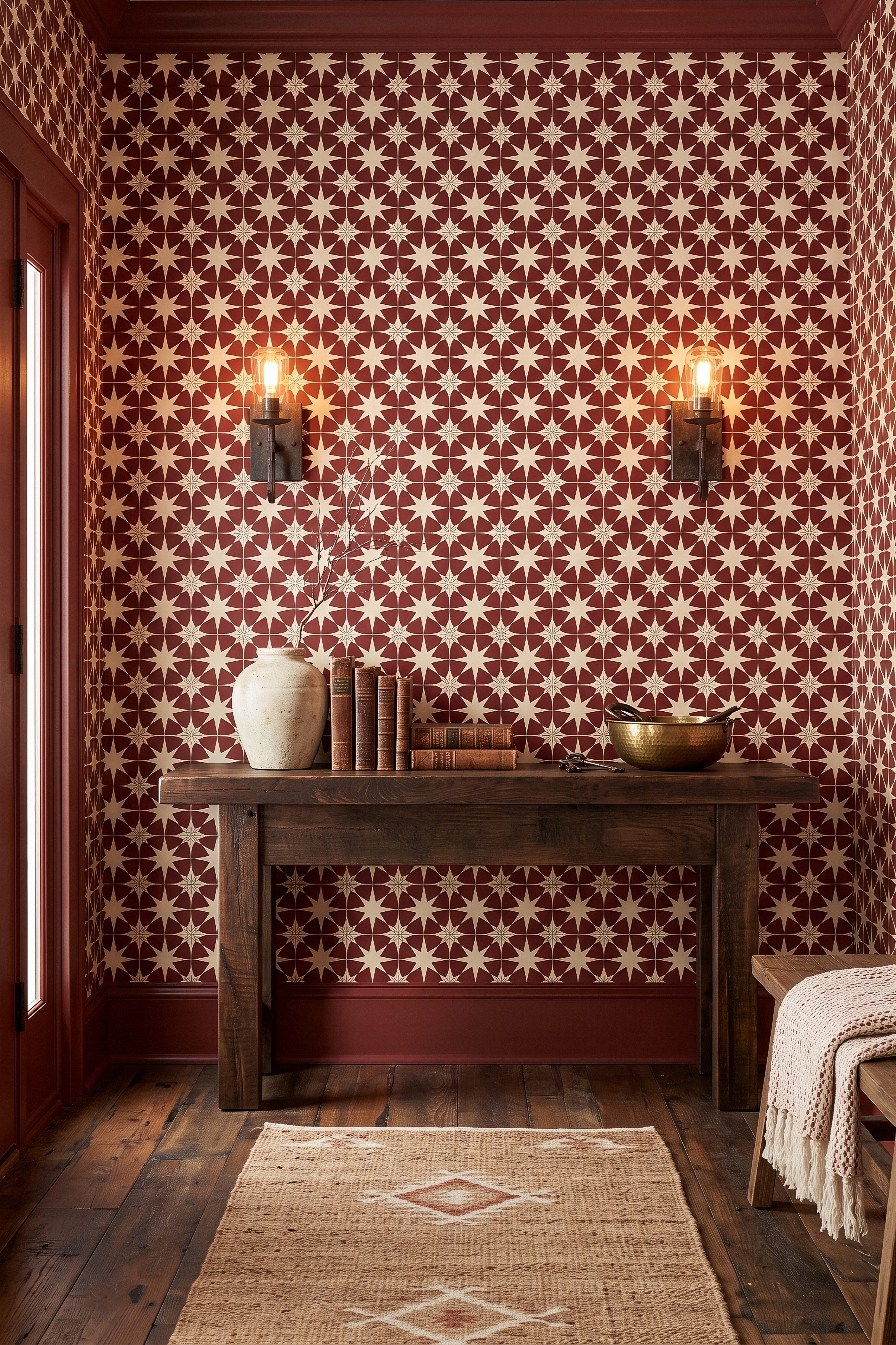 Deep red and cream Moroccan star tiles on a wallpaper on an accent wall.