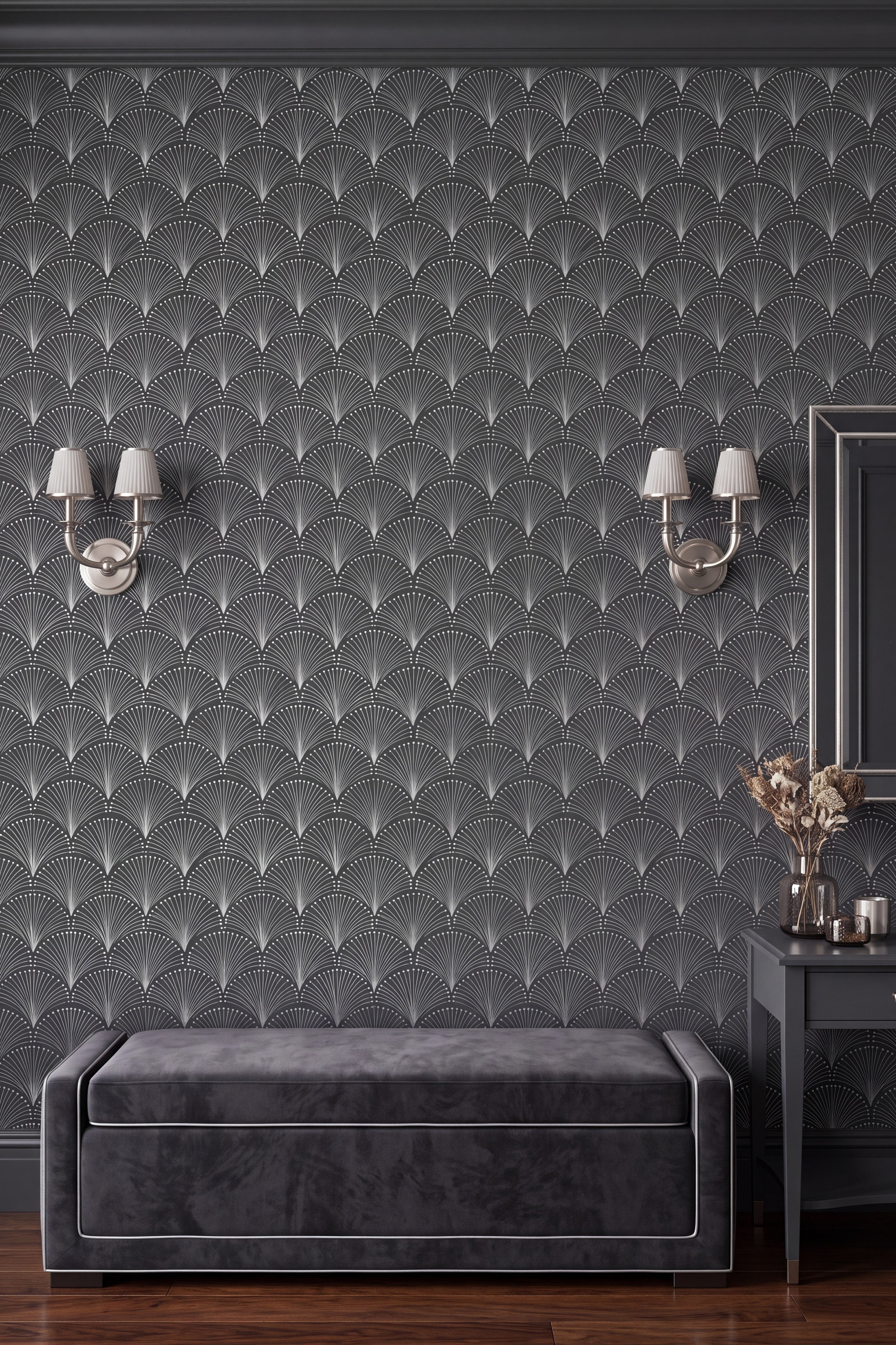 White Art Deco fans on charcoal wallpaper covering an accent wall.