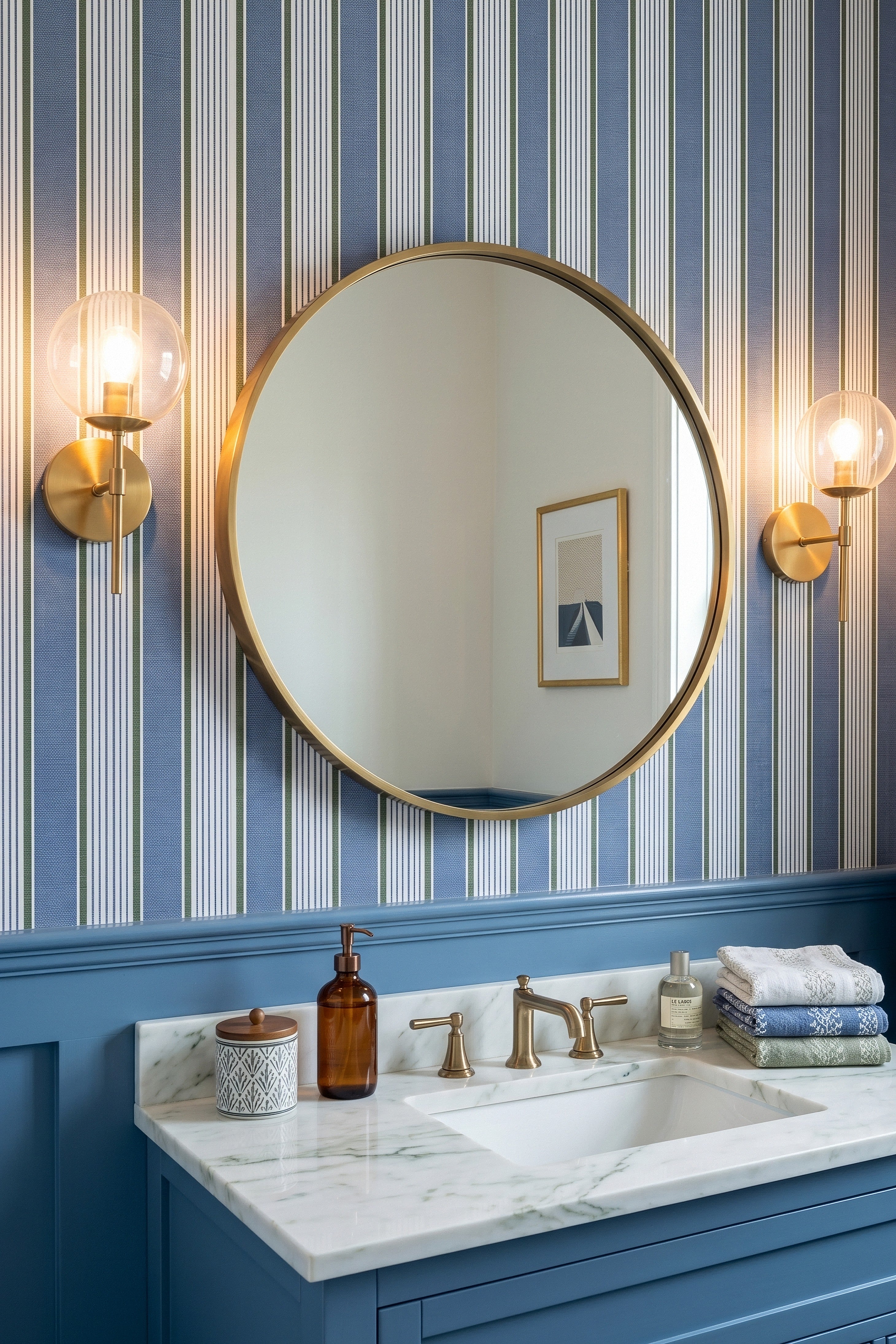 Denim blue, cream, and olive tailored stripes wallpaper in a powder room.
