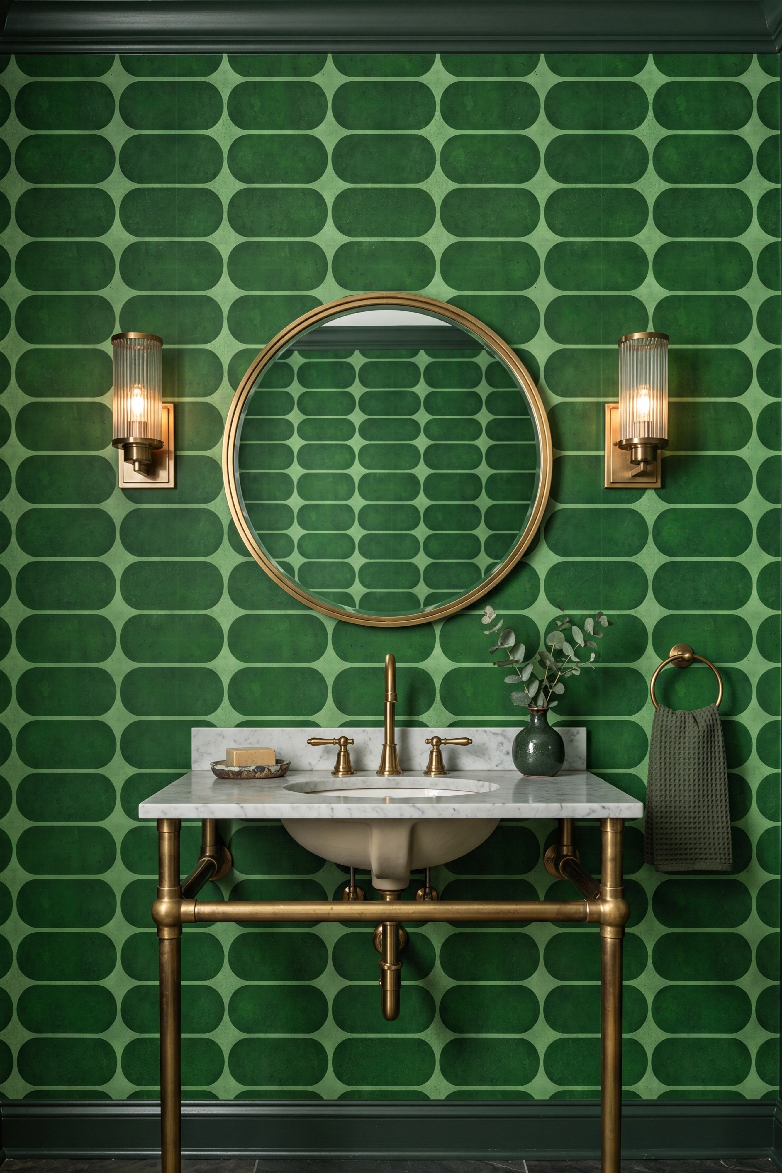 Emerald green retro oval wallpaper in a powder room.