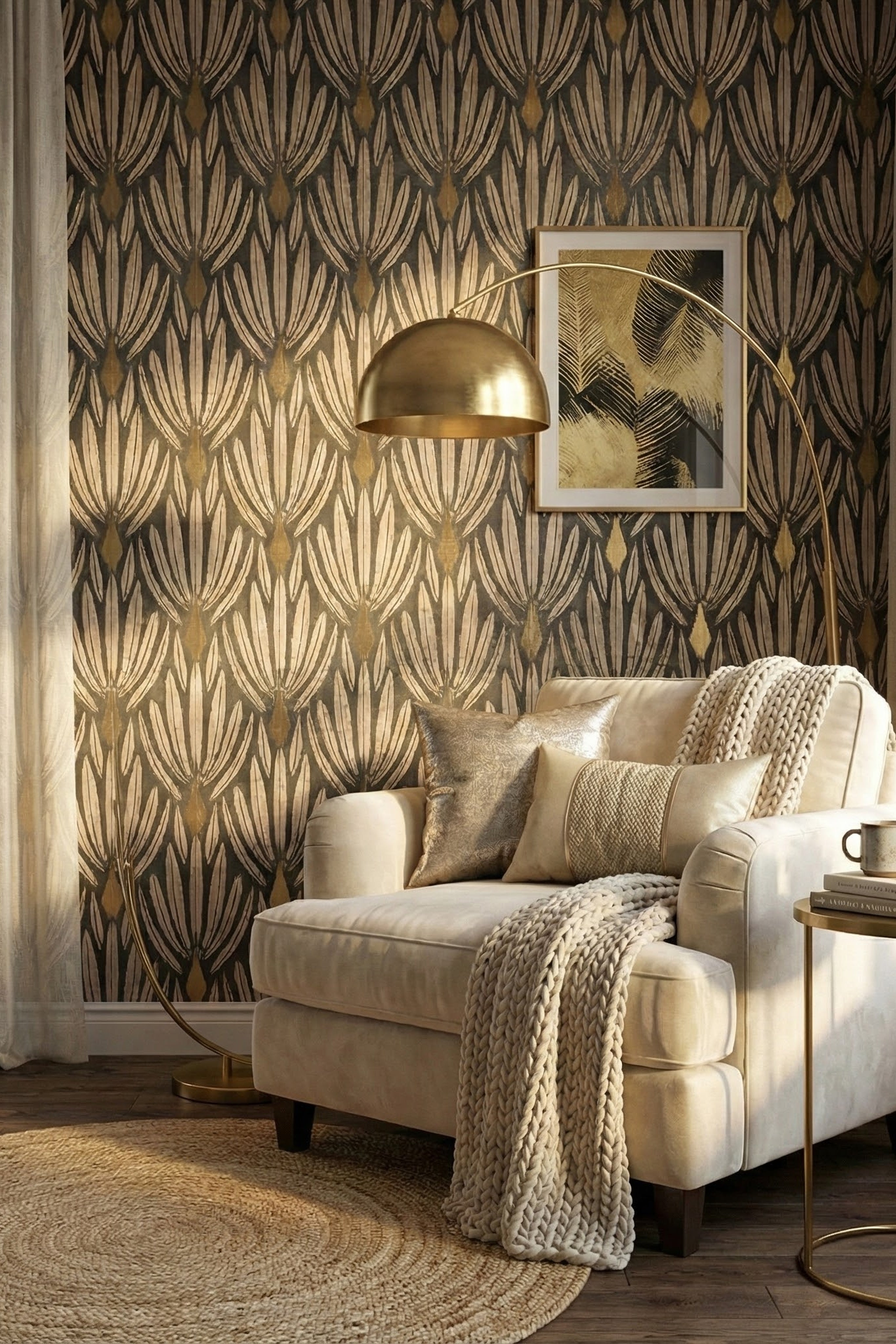 Gold peacock silhouettes on charcoal Deco wallpaper in a reading corner.