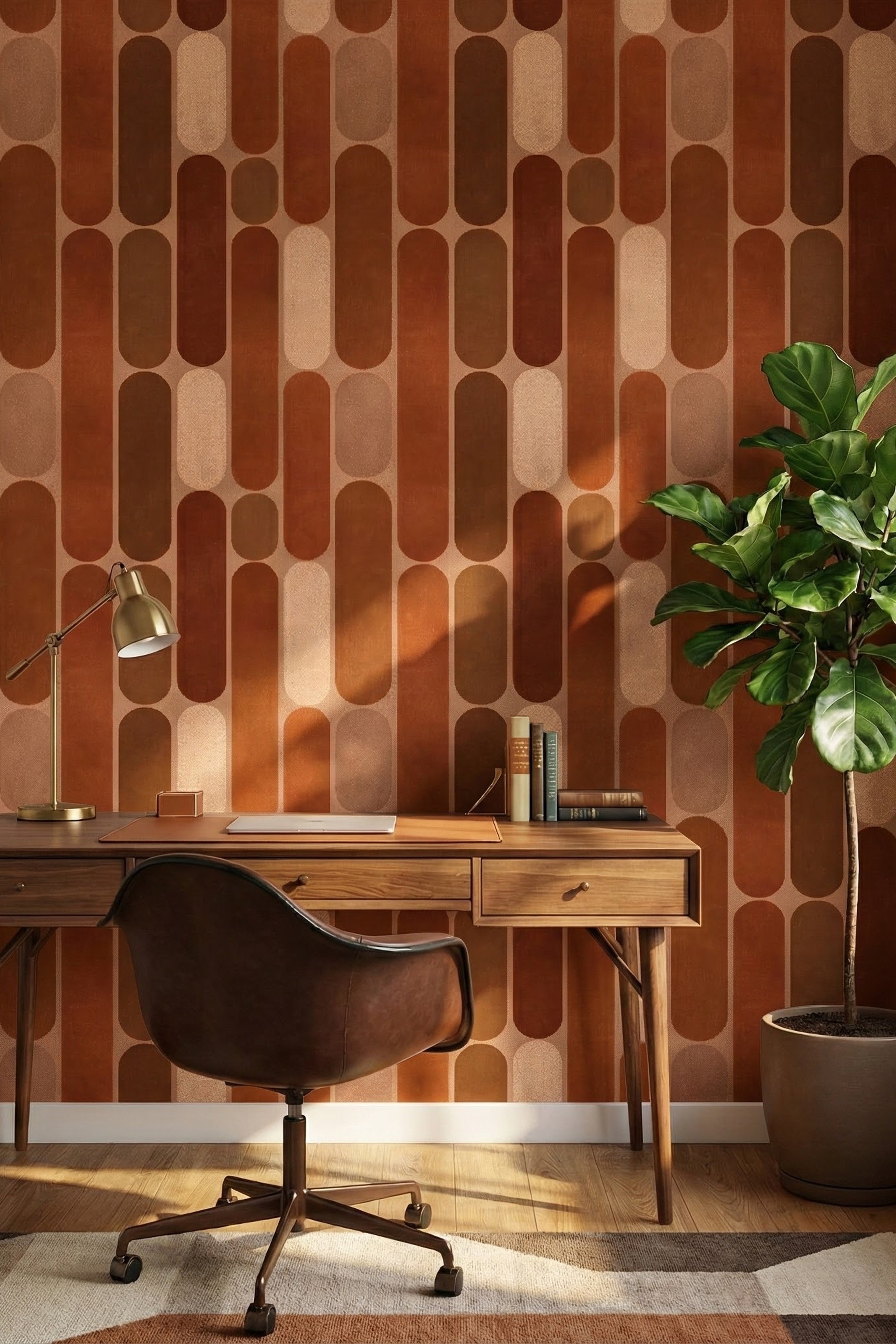 Terracotta and brown rounded blocks on a retro geometric wallpaper in a home office.