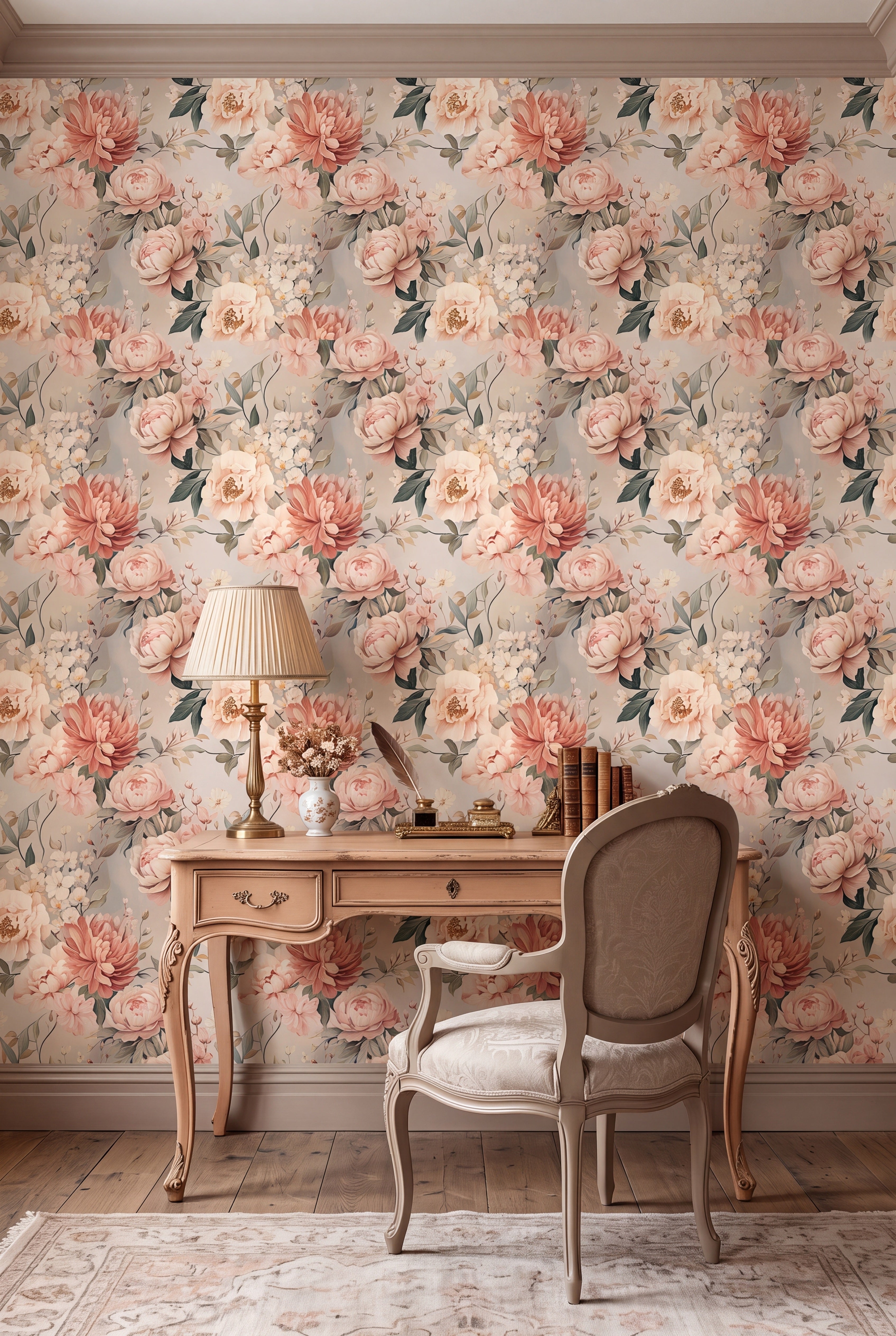 Blush and soft pink roses on delicate vine wallpaper in a home office.