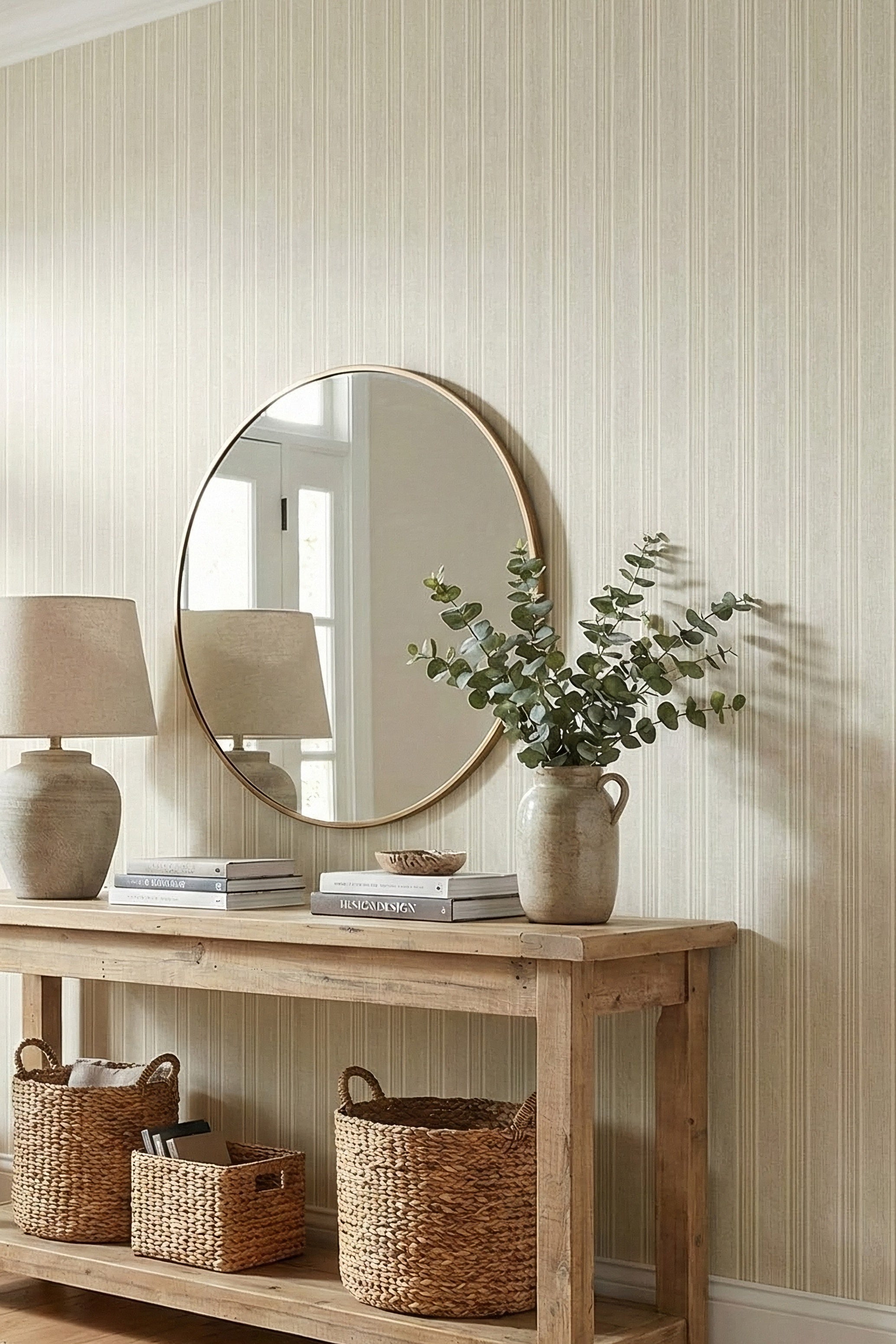 Slim beige ticking stripes on cream wallpaper in an entryway.