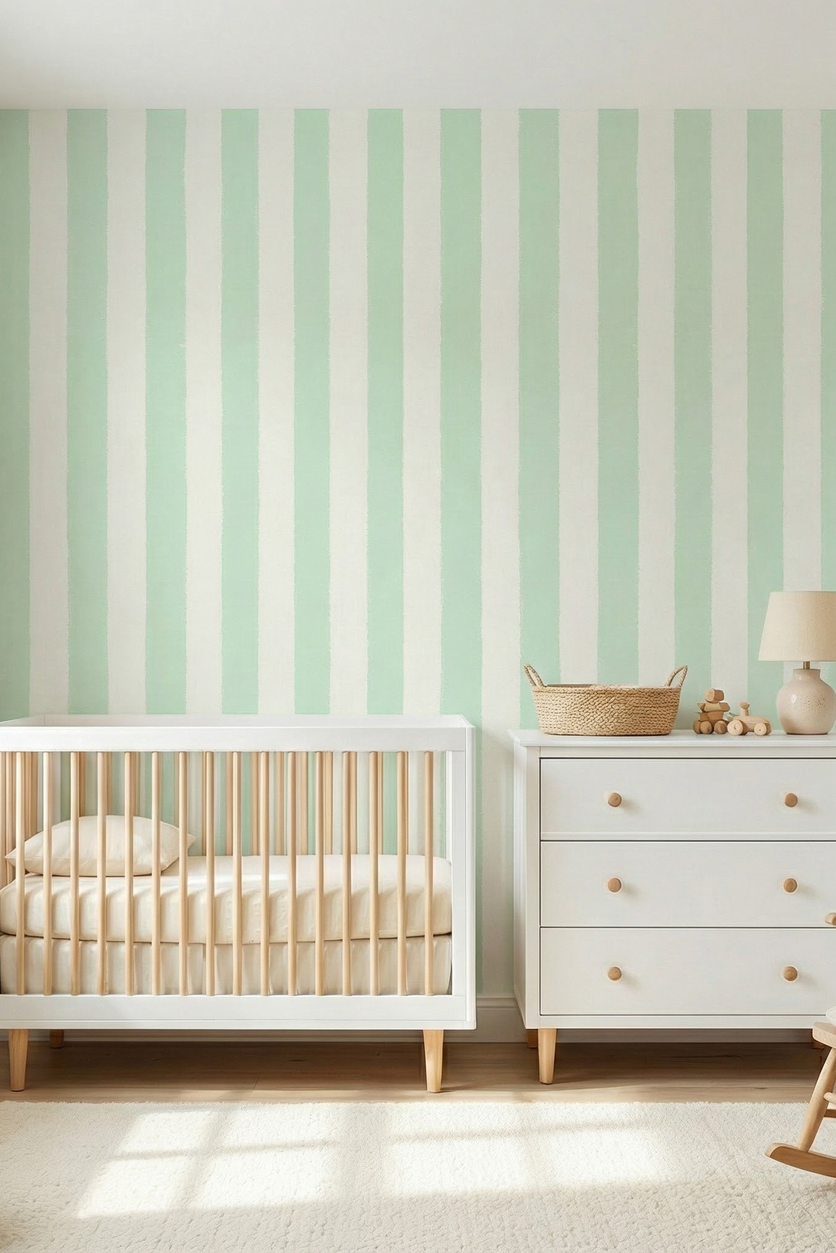Mint green and white scalloped stripe wallpaper in a nursery.