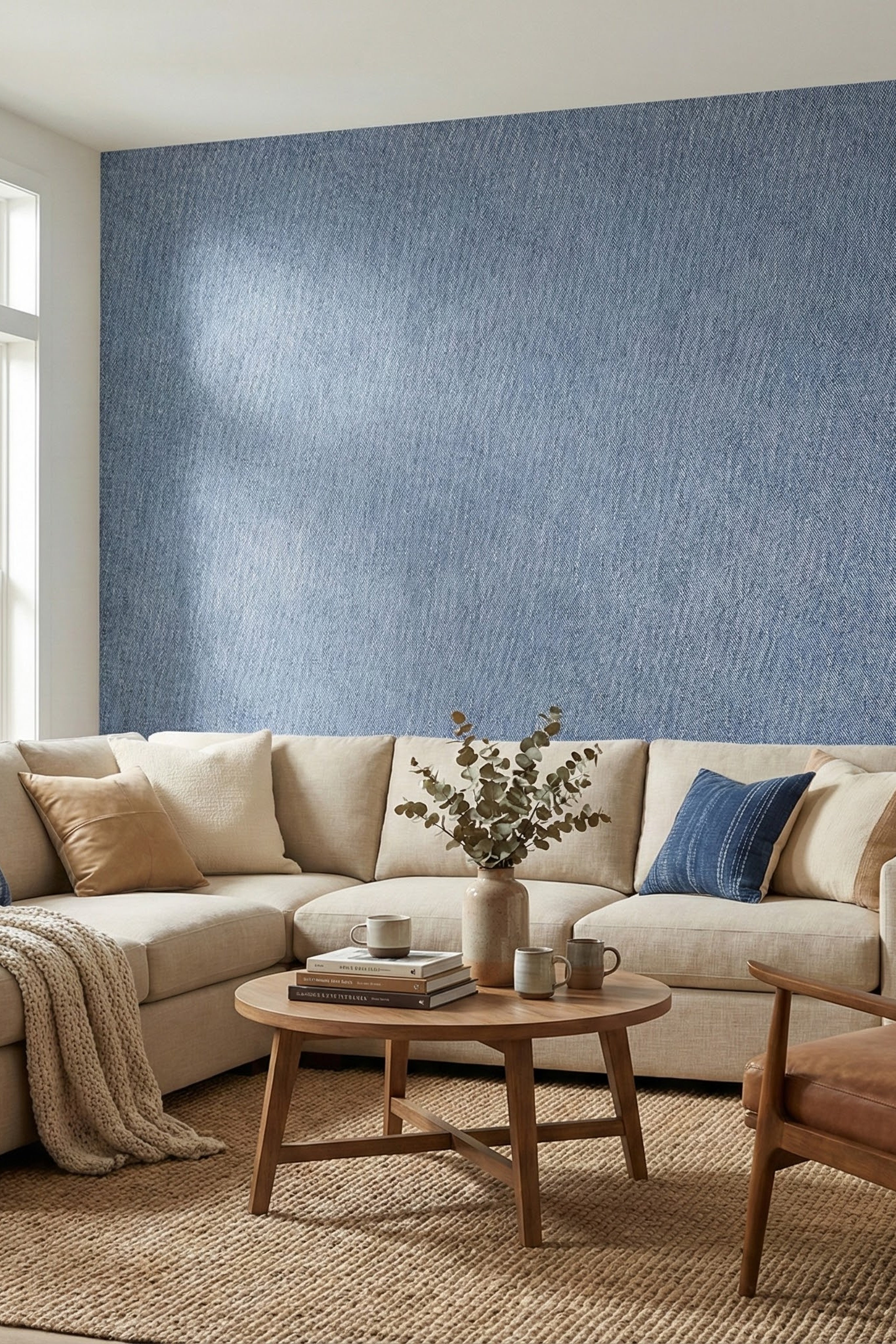 Washed indigo blue faux-denim texture wallpaper in a living room.