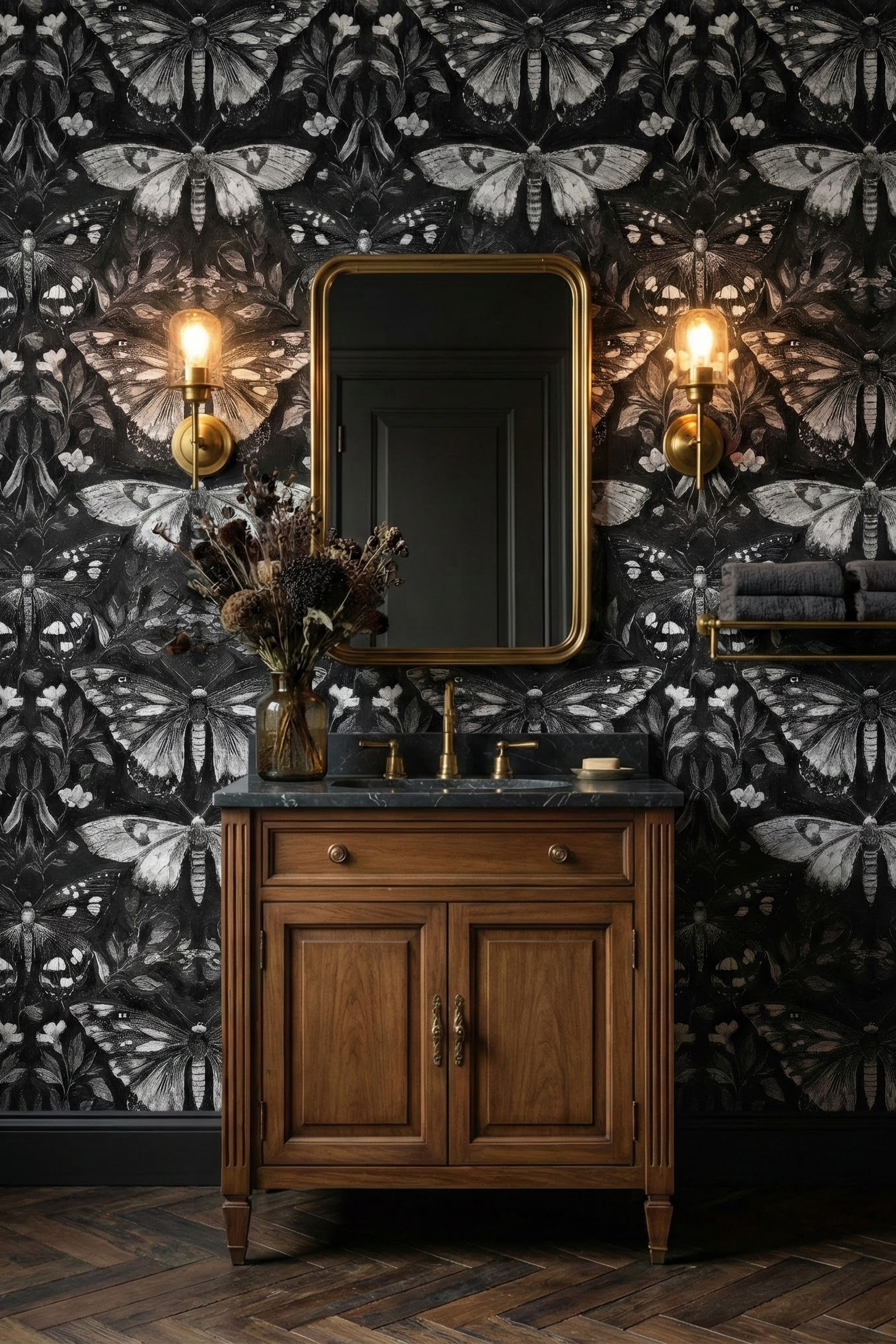 Charcoal butterflies, moths and florals on a dark moody wallpaper in a powder room.
