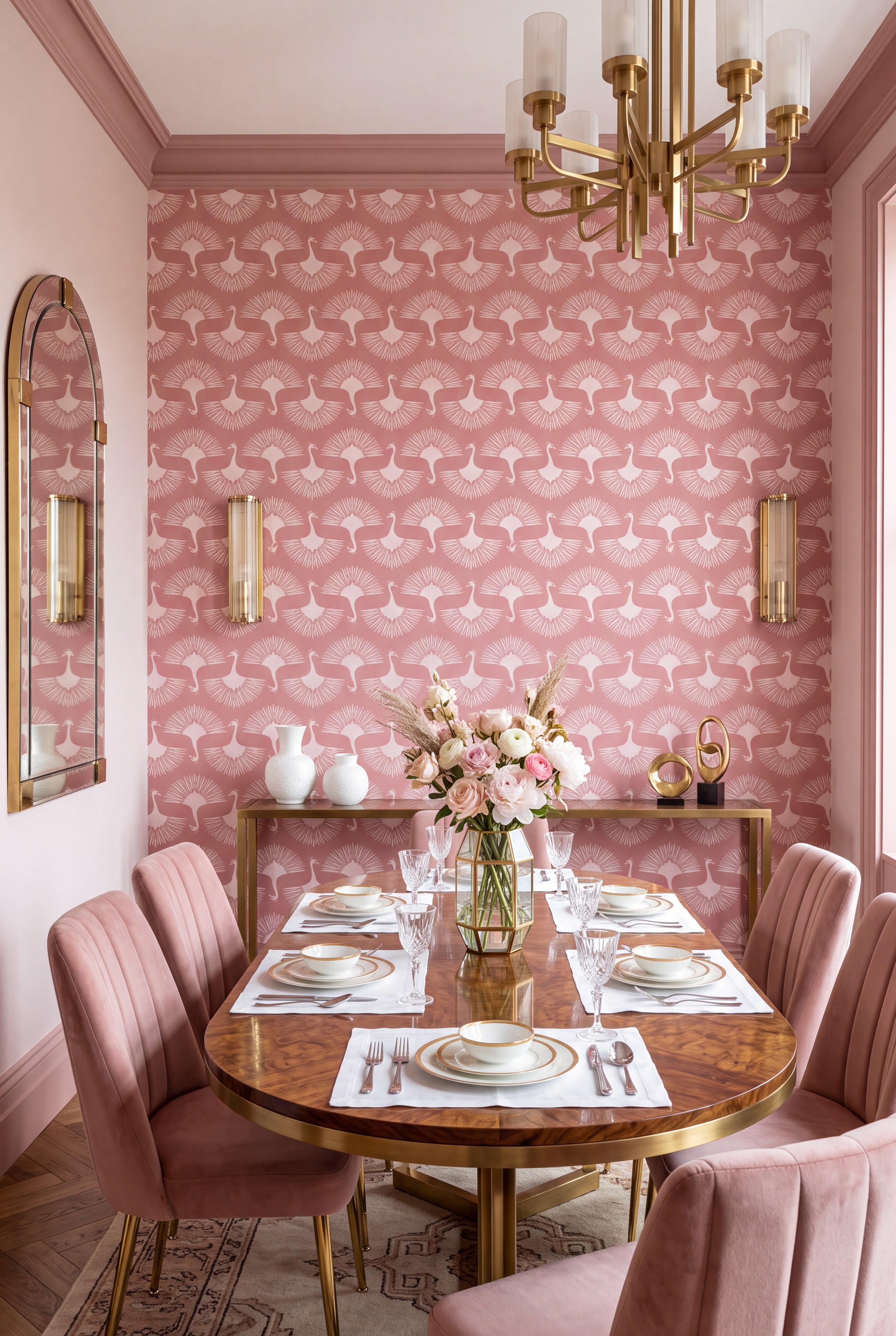 Blush-pink Art Deco swans on a light wallpaper in a dining room.