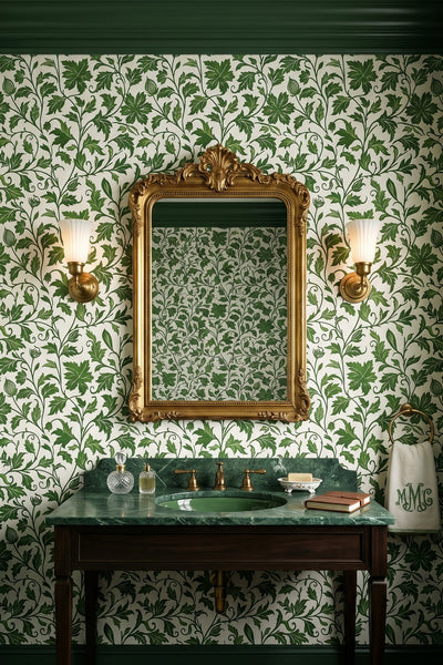 Trailing green Morris-style ivy vines on a wallpaper in a powder room.