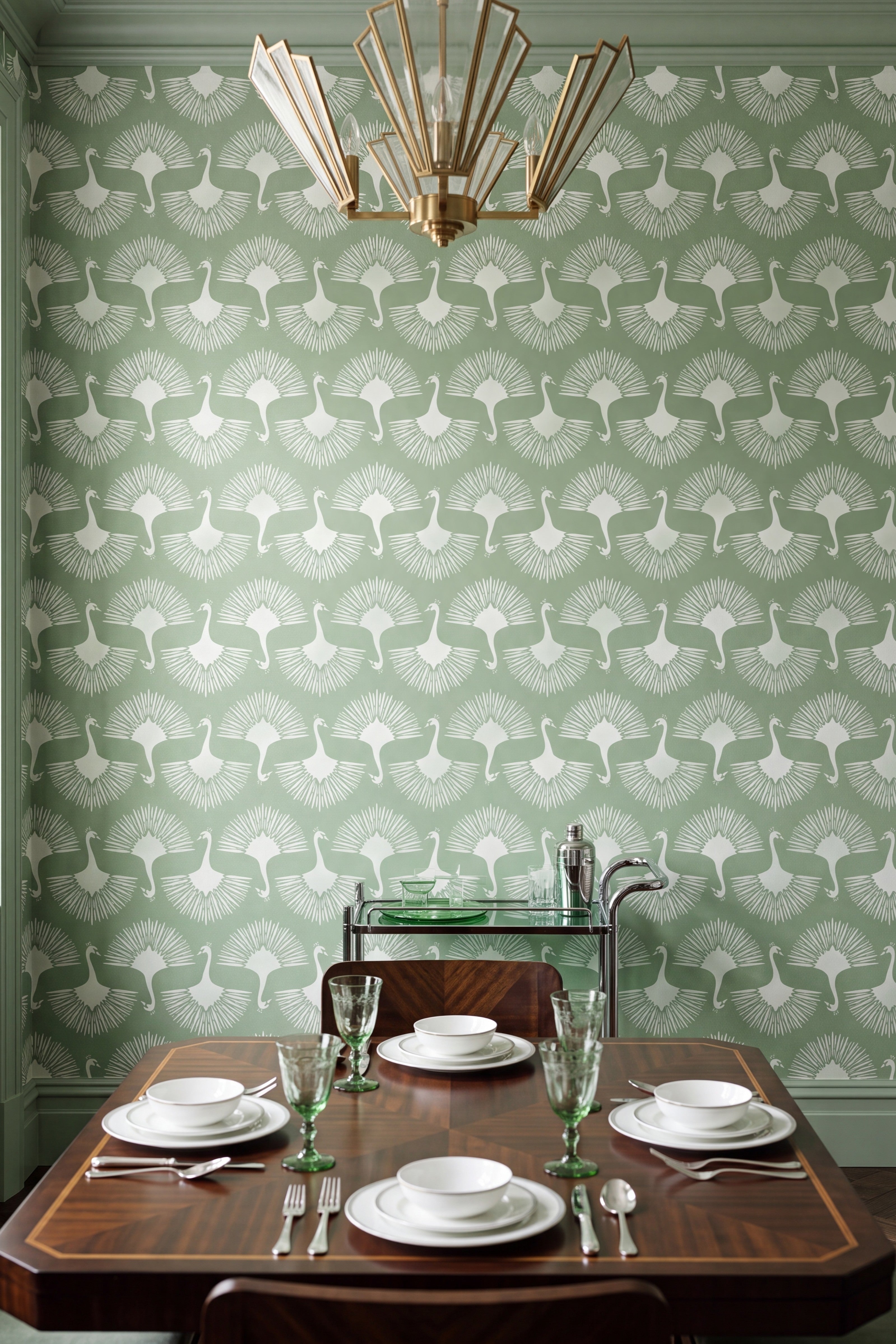 Muted sage green peacocks on a Deco wallpaper in a dining room.