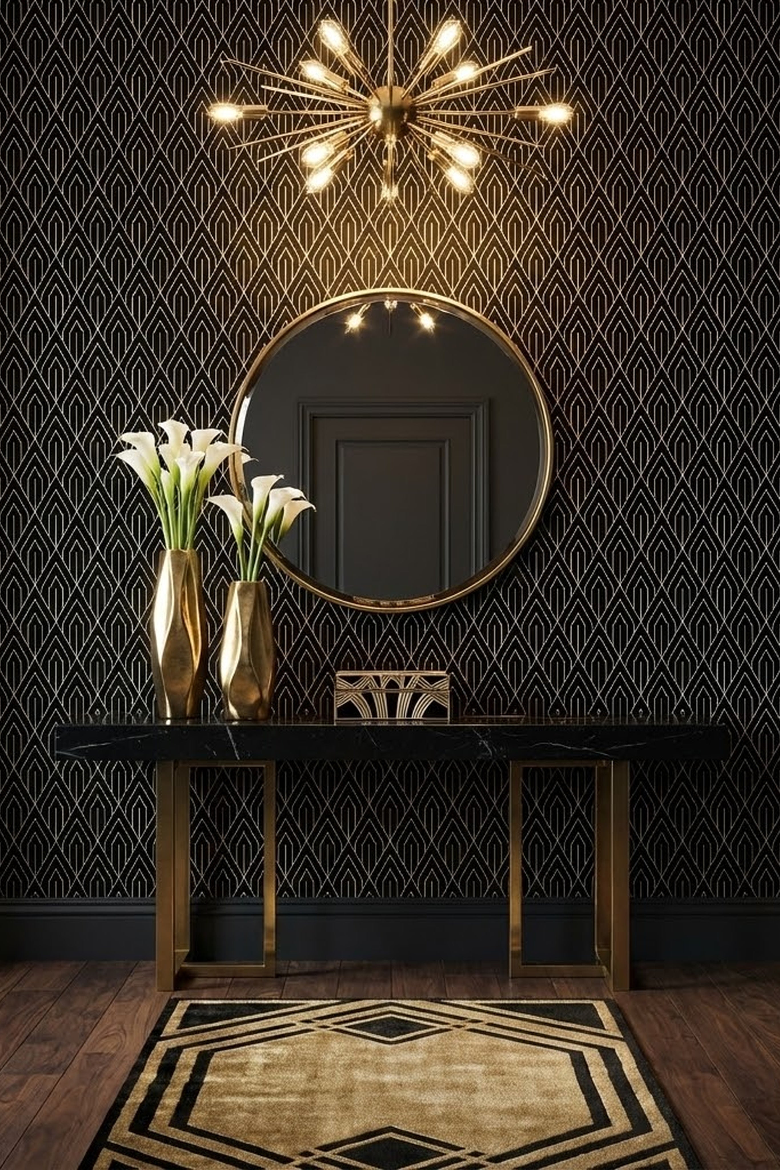 Black and metallic layered chevron Deco wallpaper in an entryway.