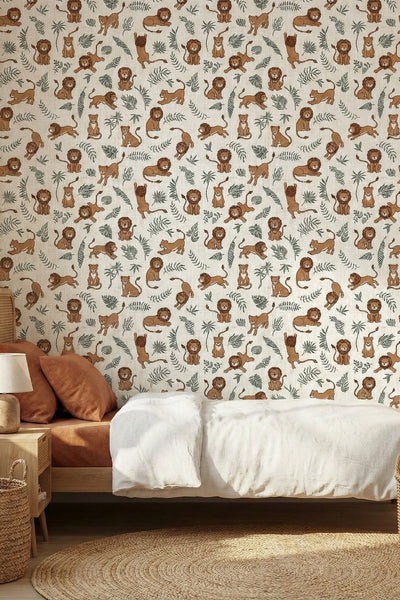Smiling lions among greenery on an earthy safari wallpaper in a bedroom.