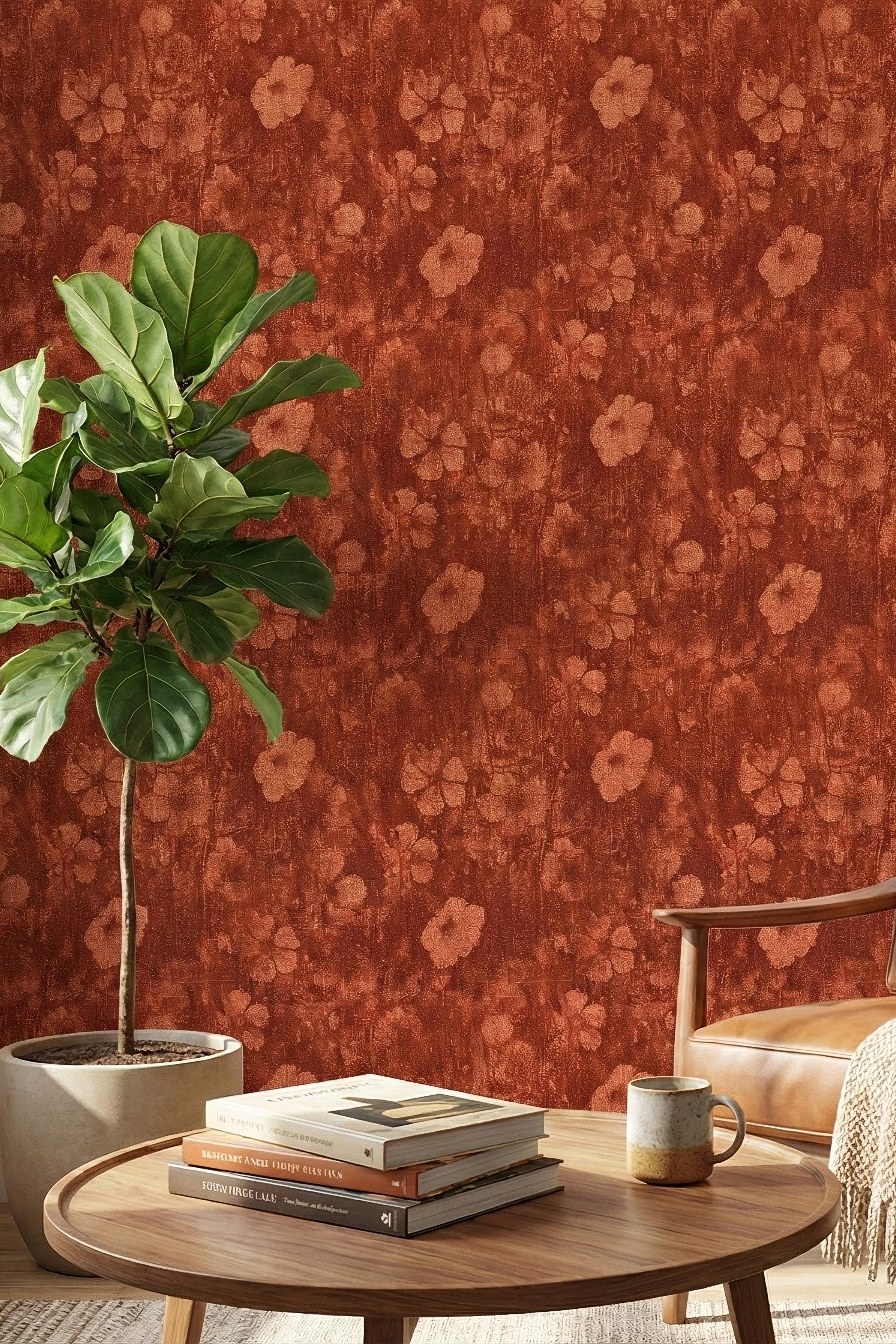 Tonal rust hibiscus blooms on deep terracotta wallpaper in a reading corner.