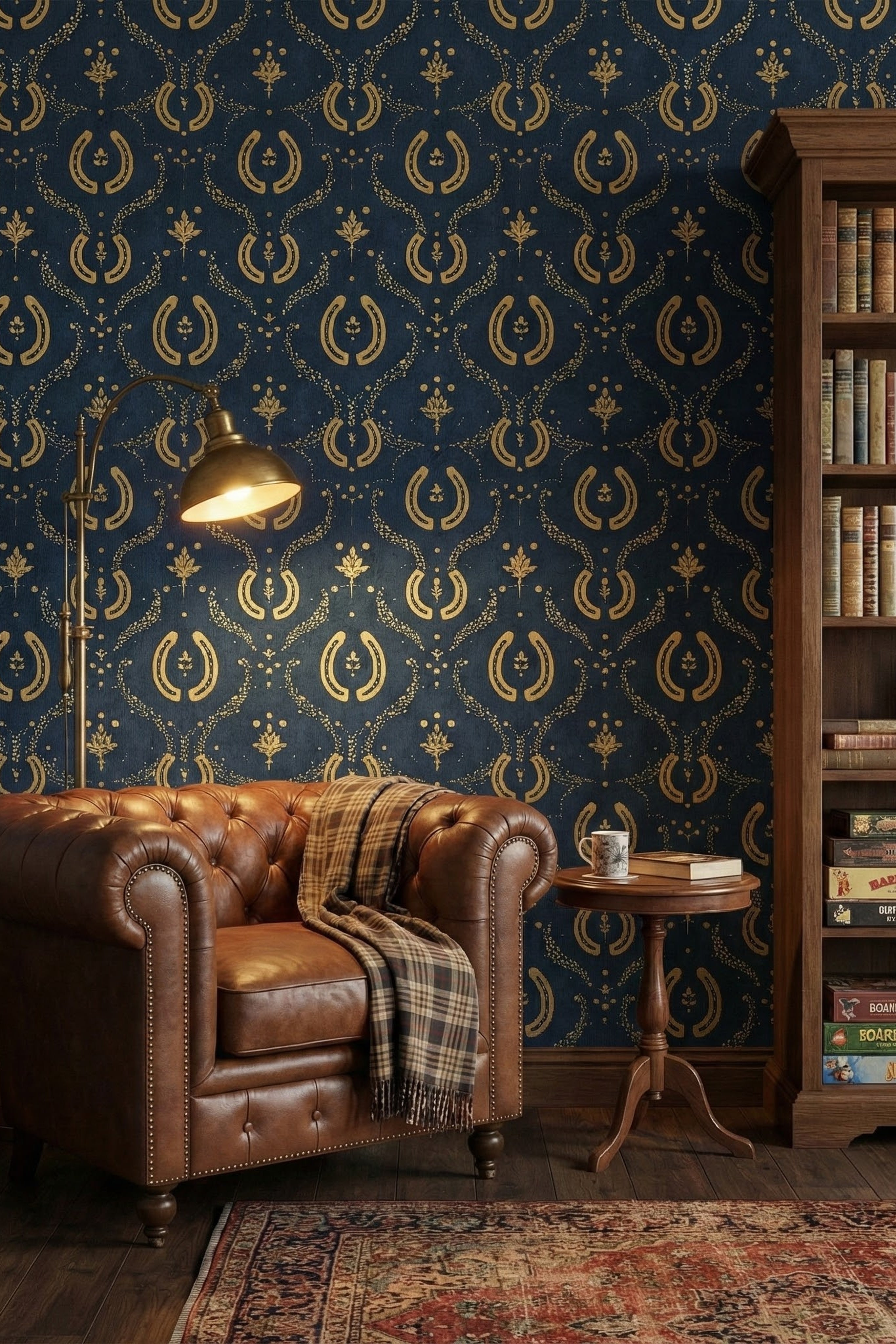 Gold horseshoes and florals on a rich navy wallpaper in a reading corner.