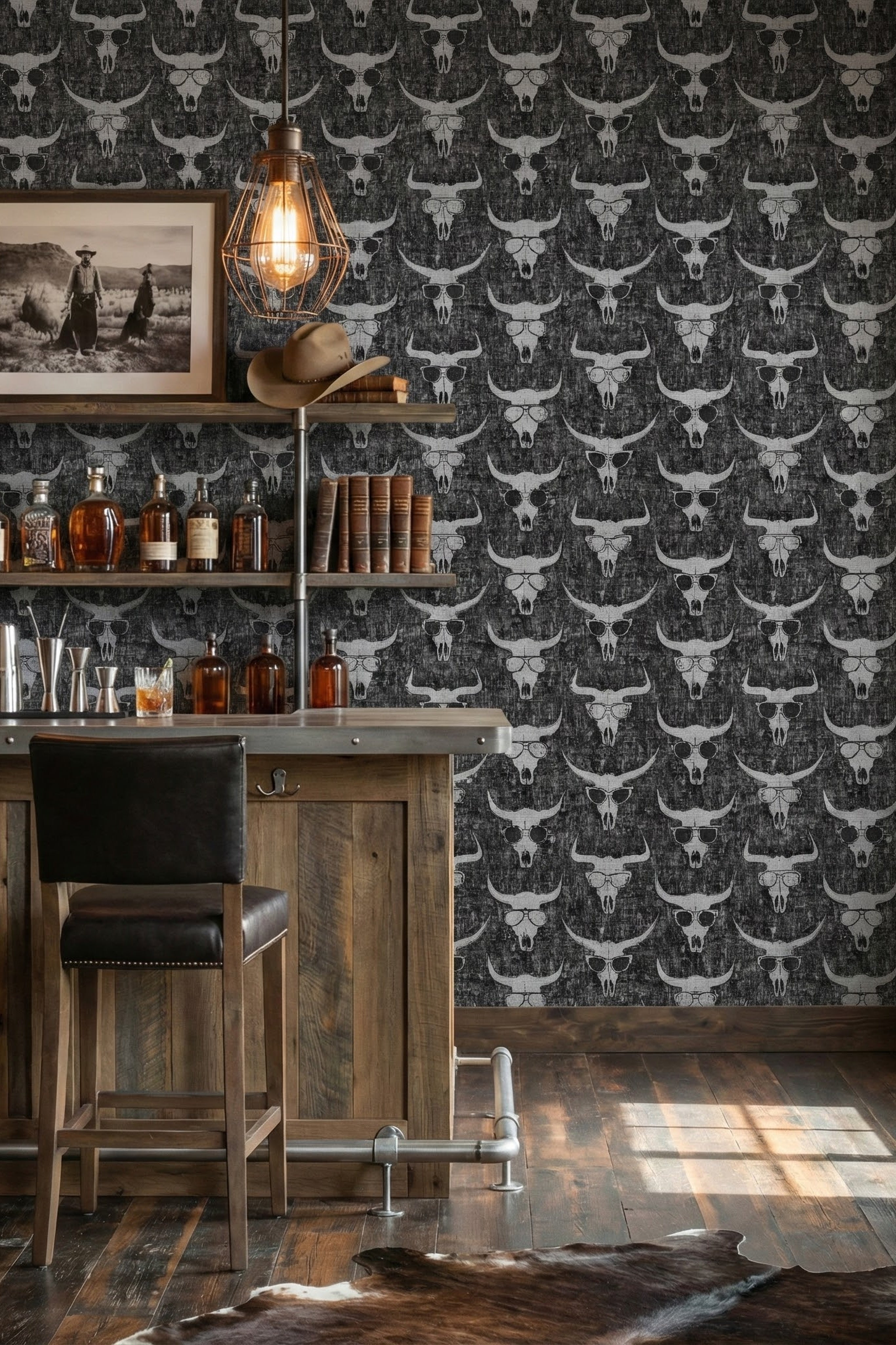 Black and grey longhorn skulls in sunglasses on a Western wallpaper in a home bar.