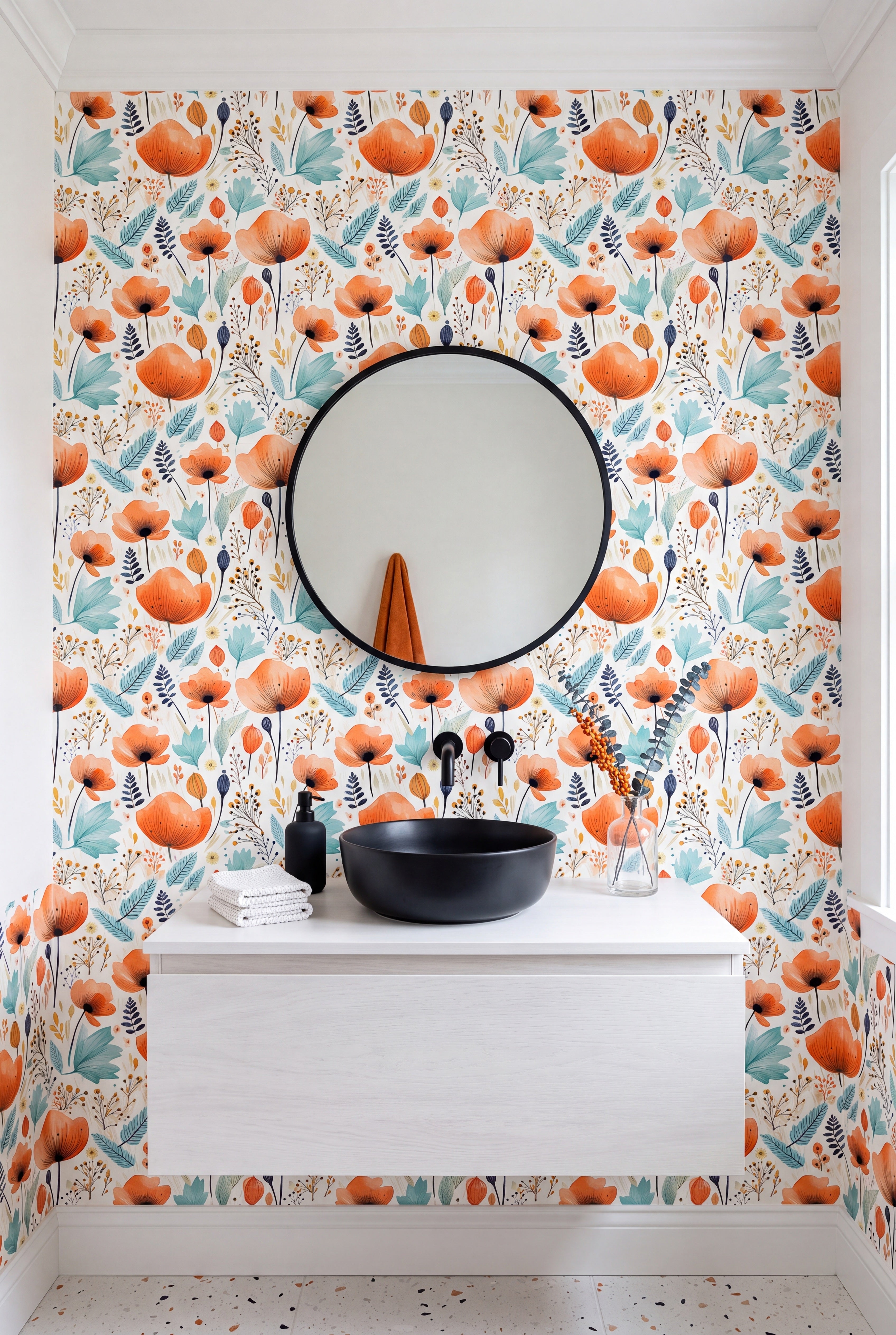 Orange poppies and teal leaves on ivory floral wallpaper in a powder room.