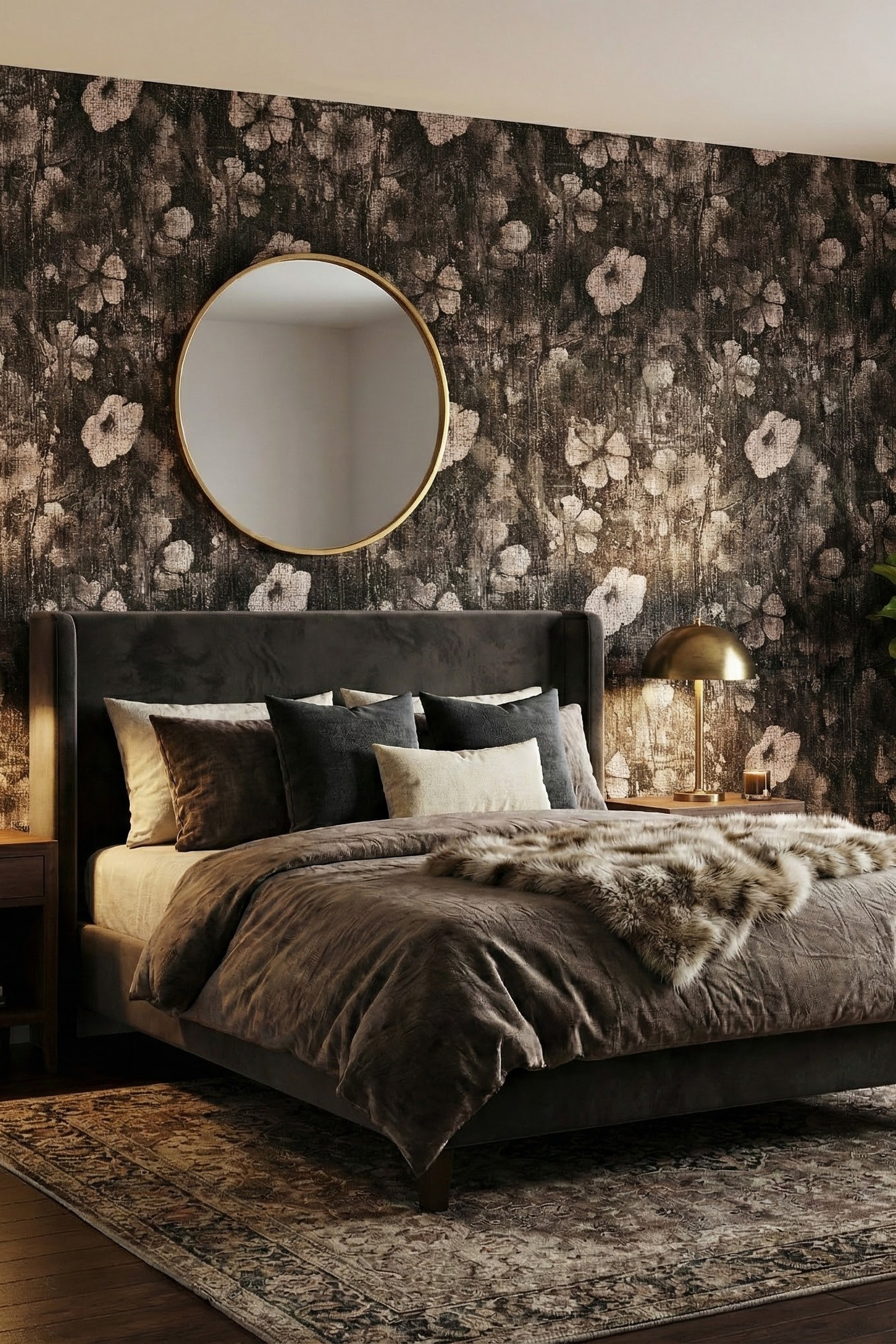 Sepia florals dissolving into charcoal wallpaper in a bedroom.