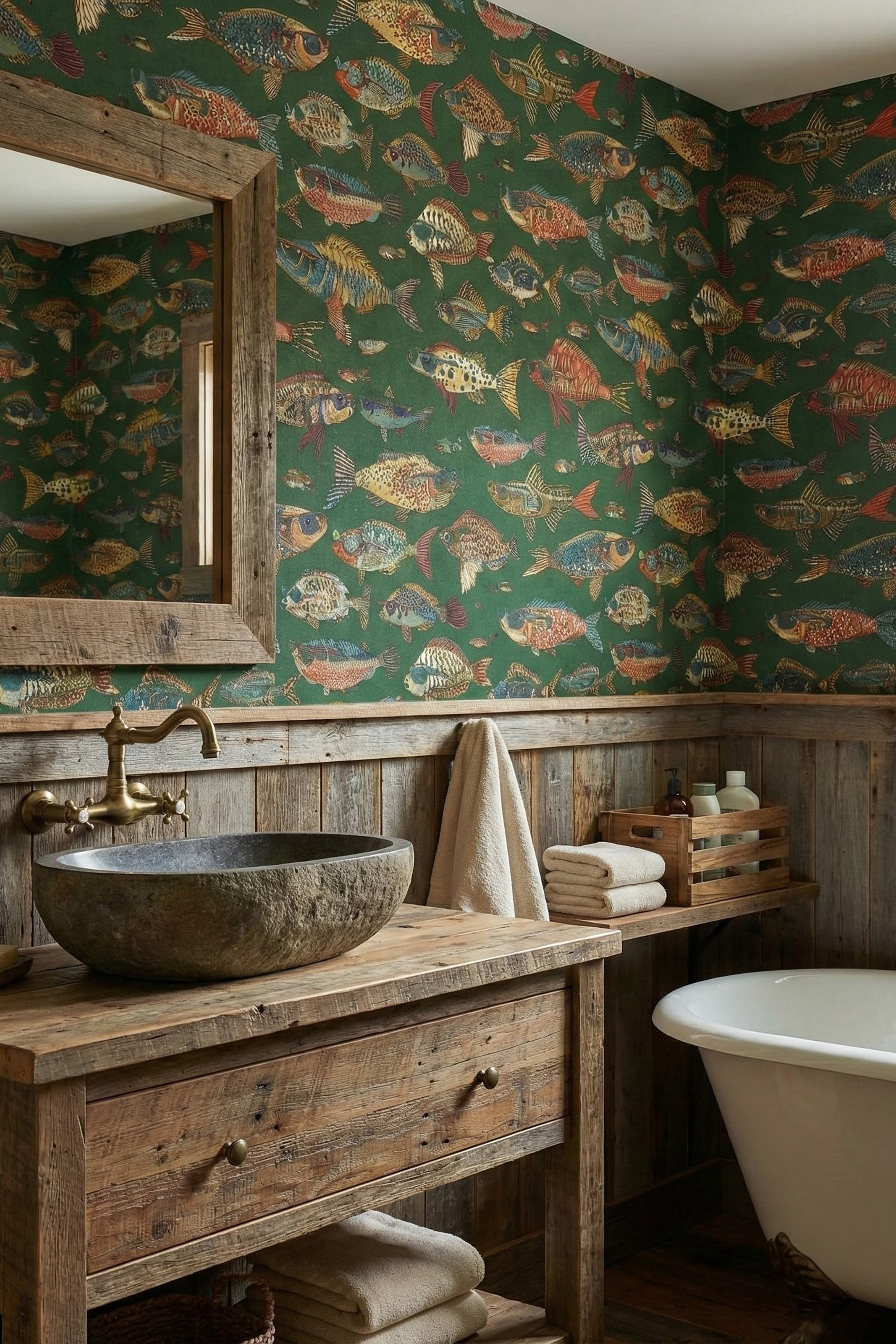 Colorful illustrated fish in sunglasses on deep green wallpaper in a bathroom.
