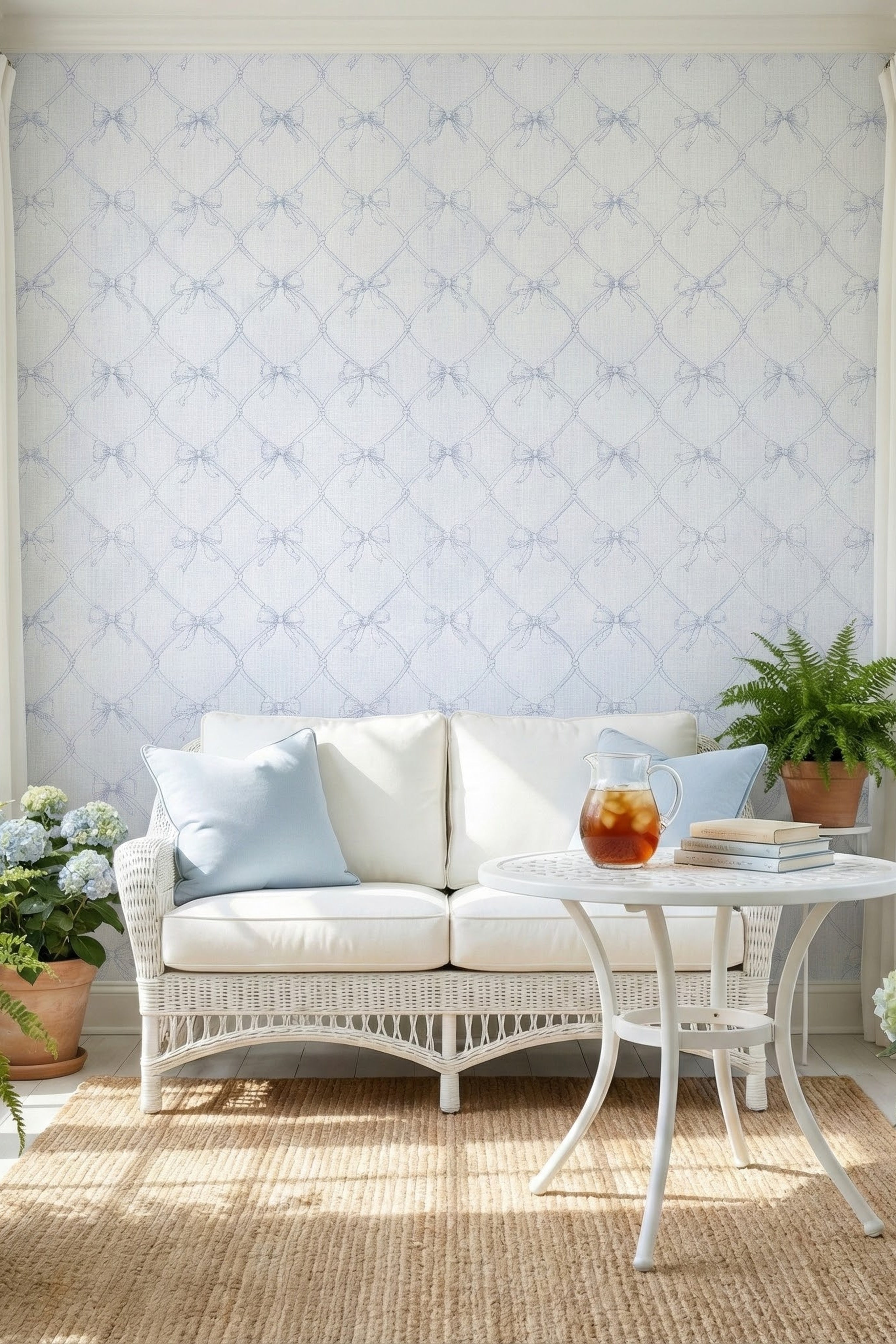 Soft blue bows on a white diamond-trellis wallpaper in a sunroom.