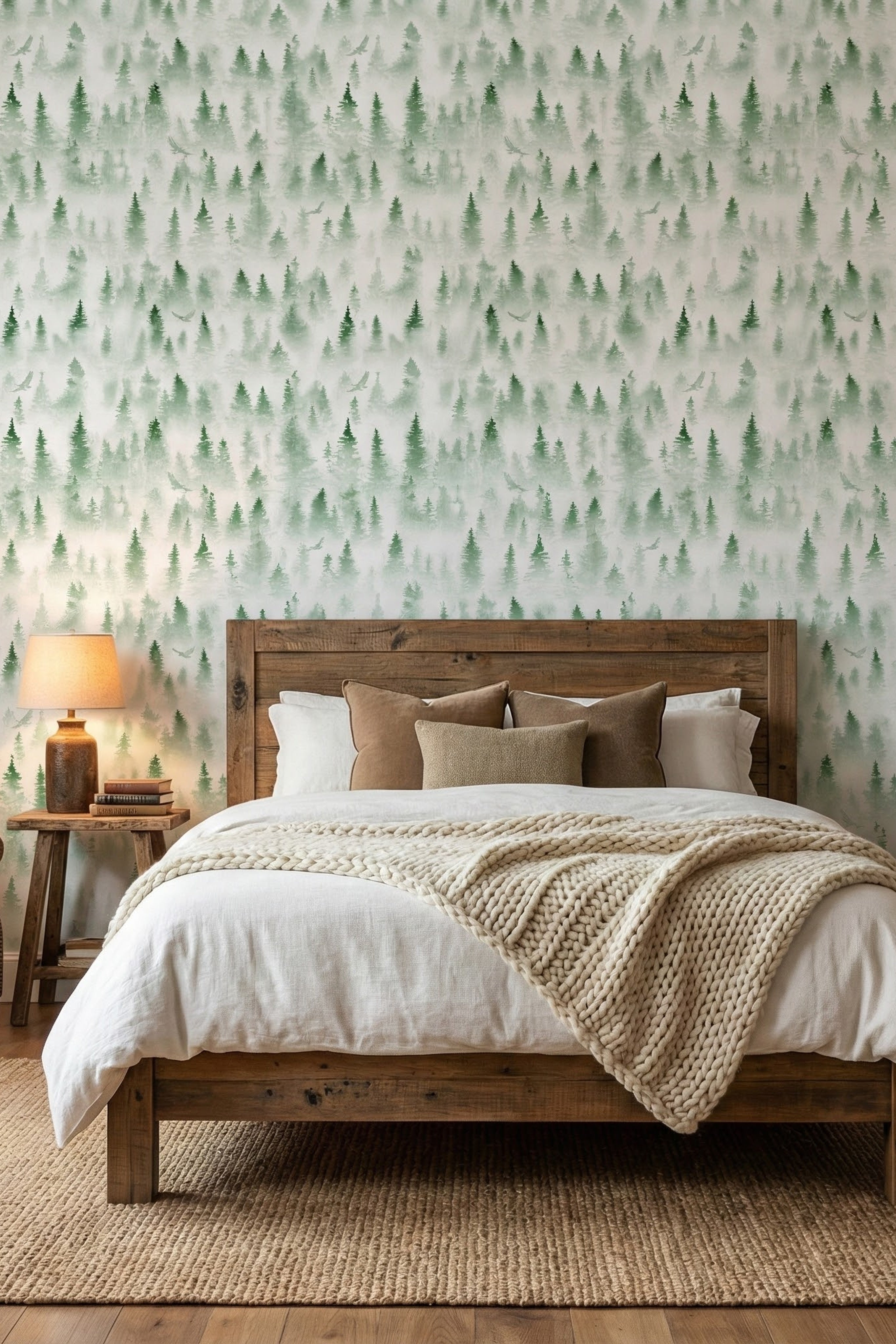 Green watercolor evergreens and birds on misty forest wallpaper in a bedroom.