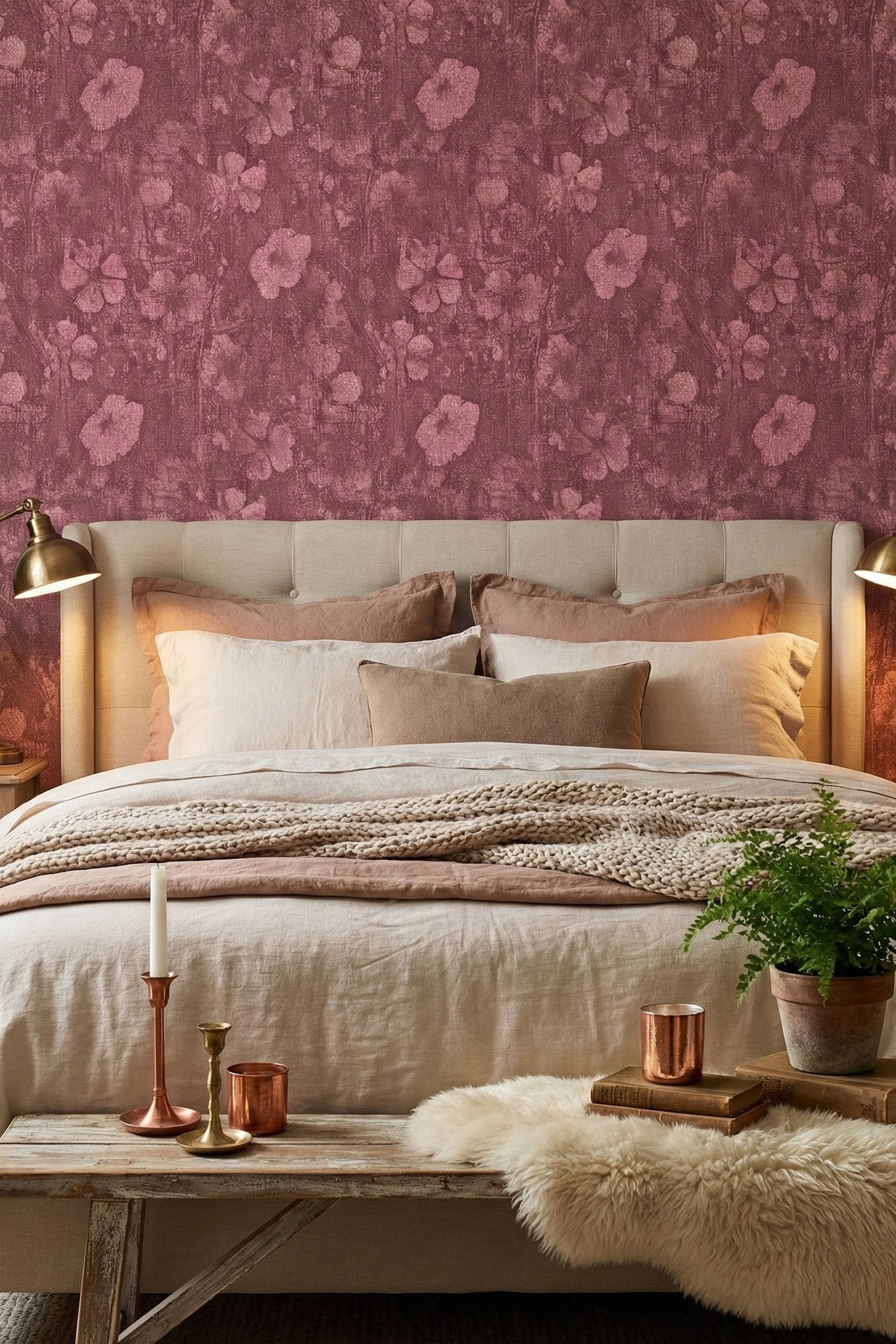 A washed denim-blue and deep rose floral wallpaper in a bedroom.