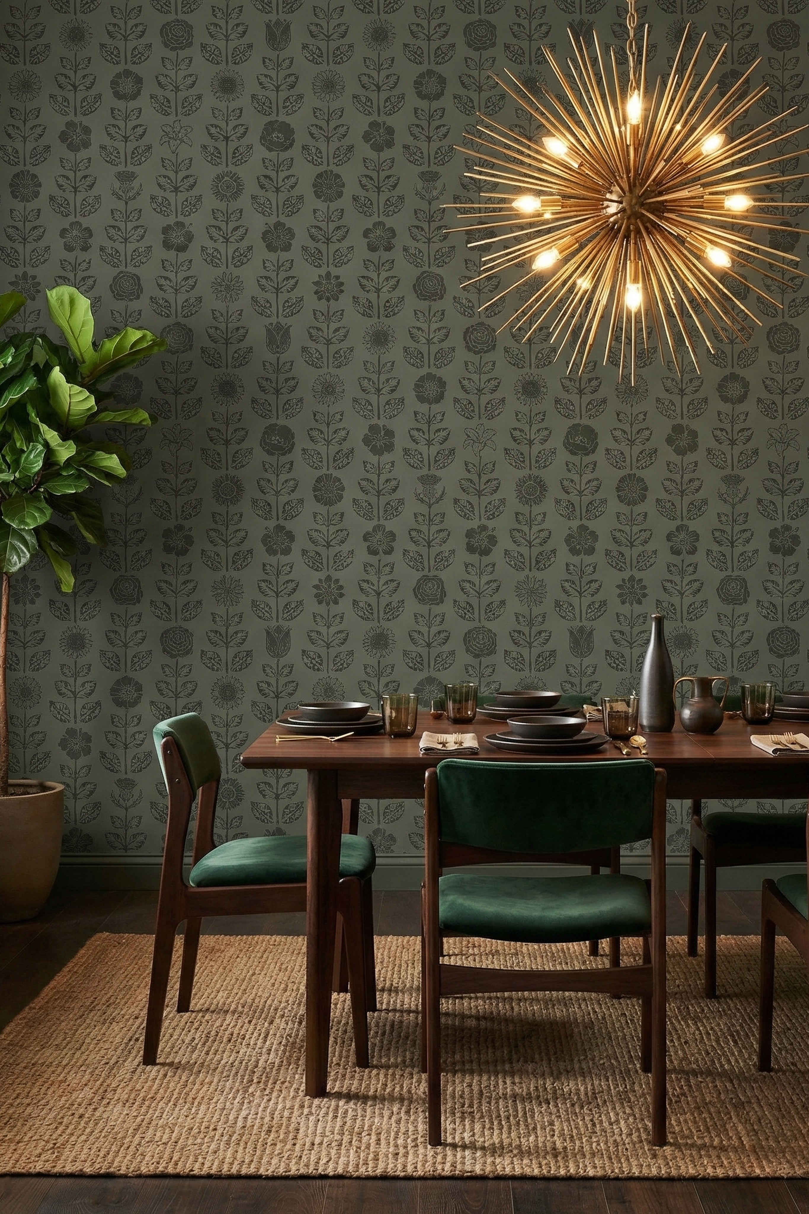 Block-print folk flowers on a deep green wallpaper in a dining room.