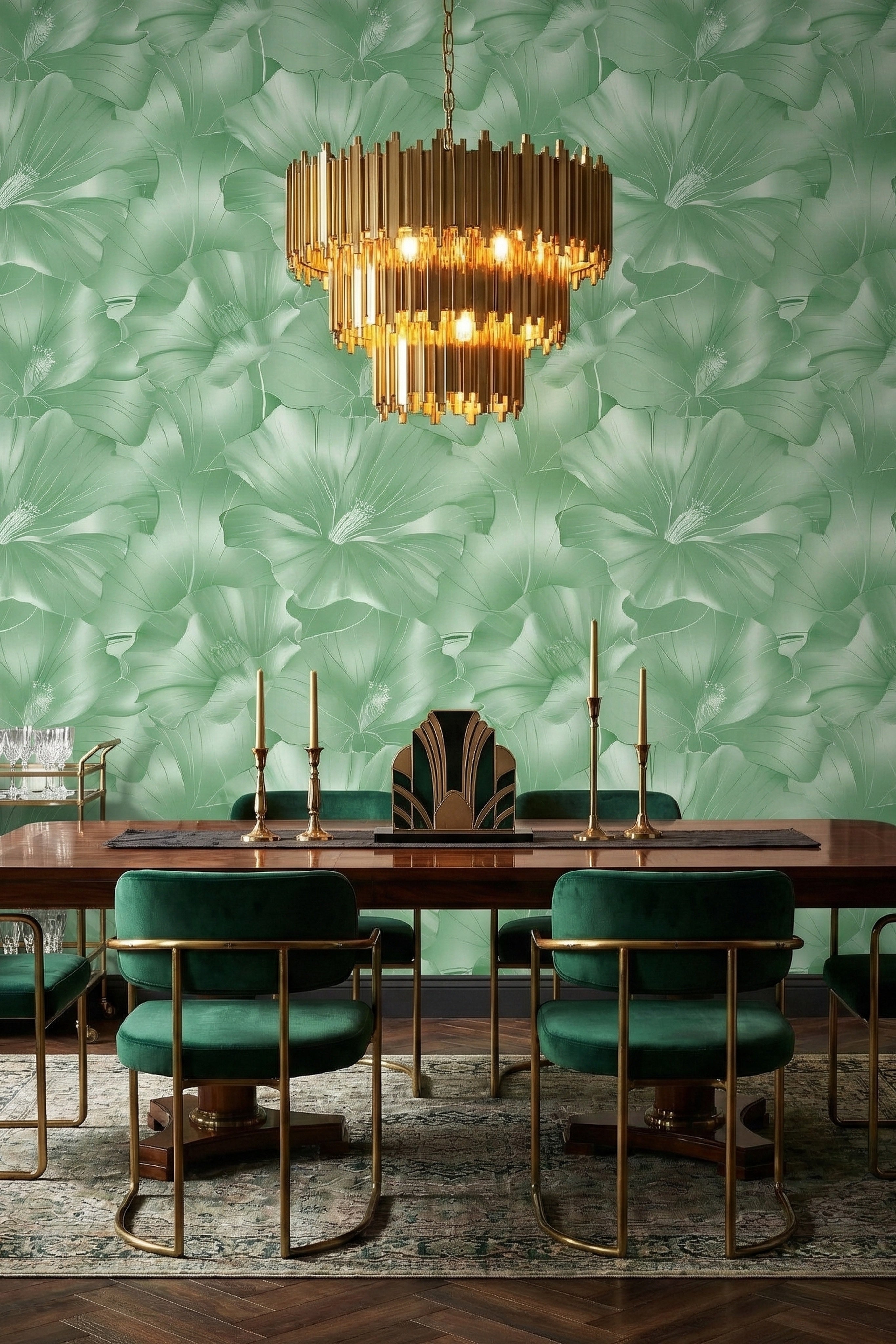 Oversized emerald green vintage blooms on mural-scale wallpaper in a dining room.