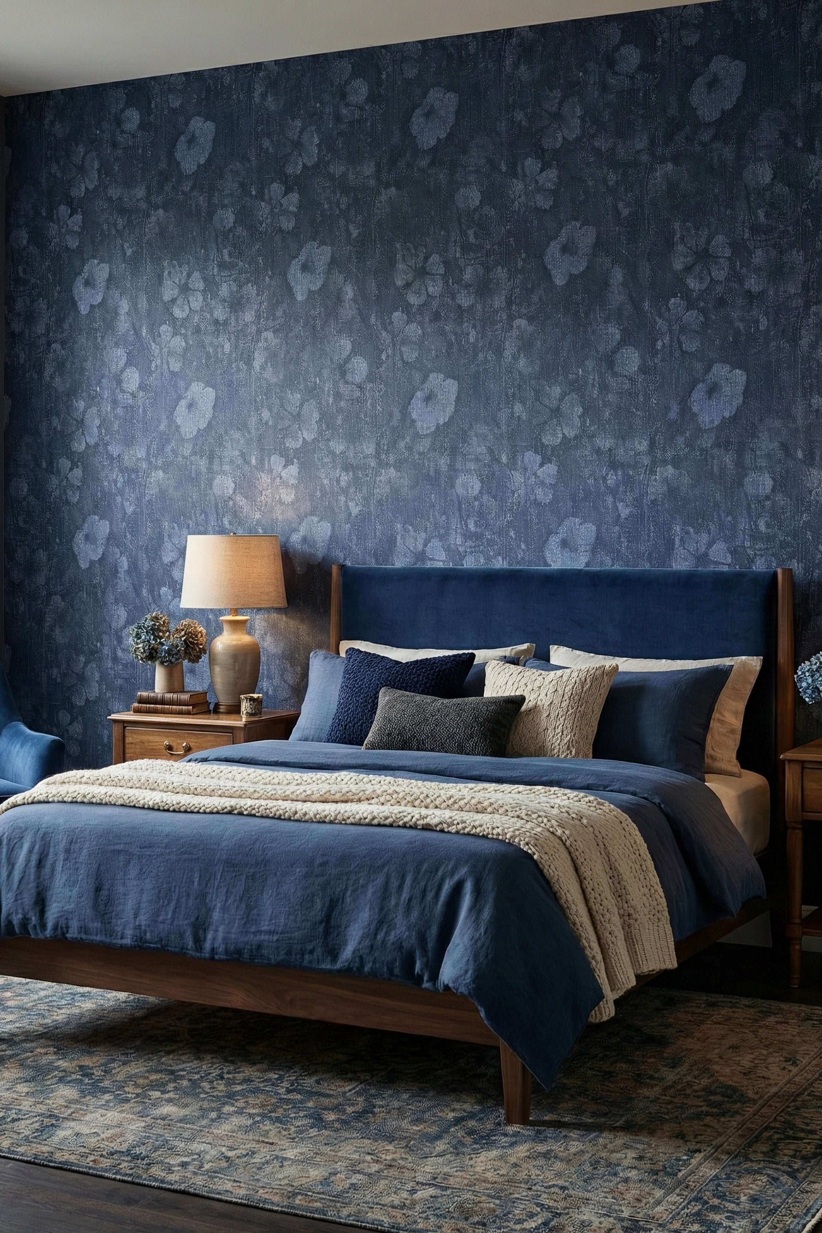 Painterly indigo-blue florals on an inky faux-denim wallpaper in a bedroom.