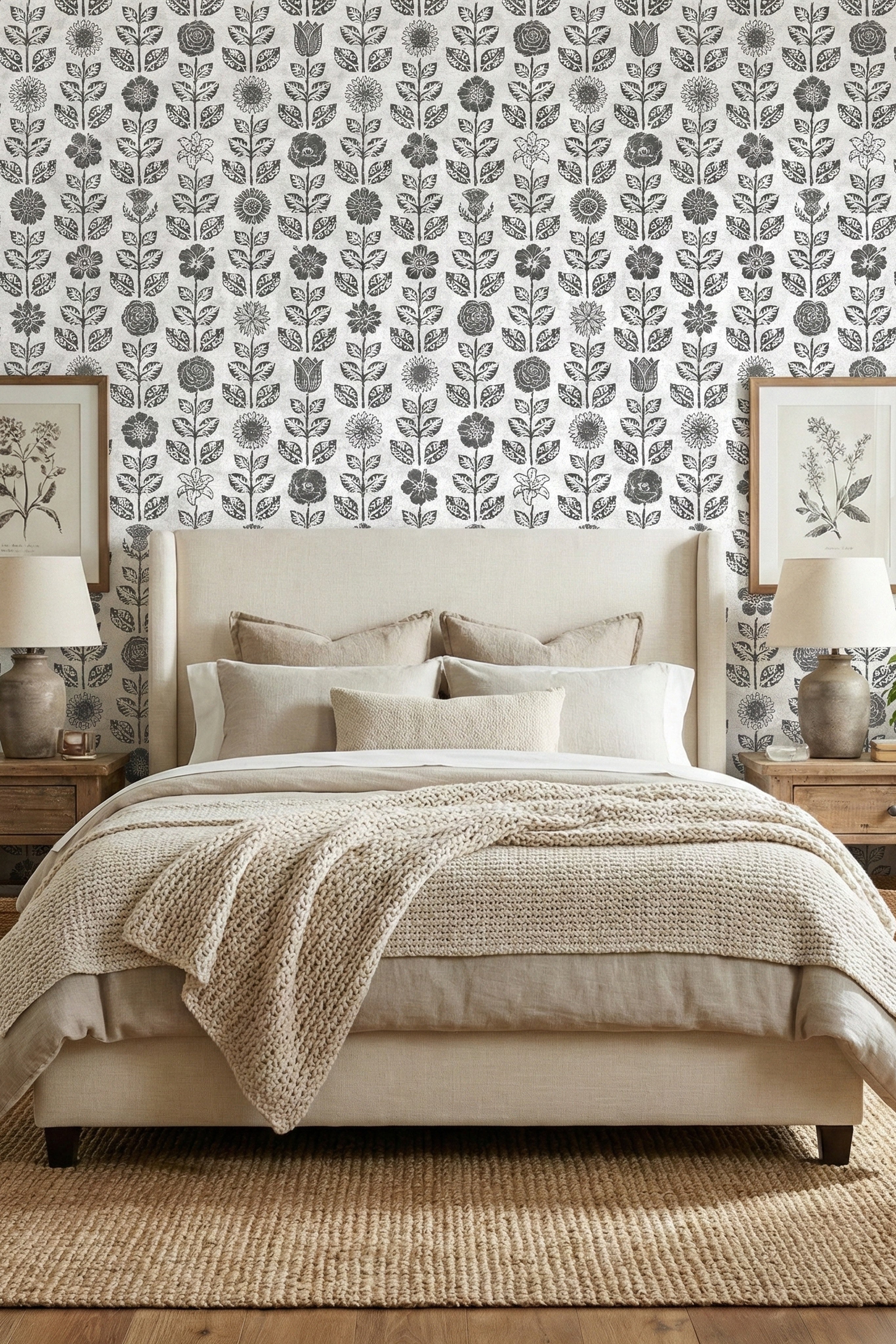 Black folk florals on crisp white wallpaper in a bedroom.