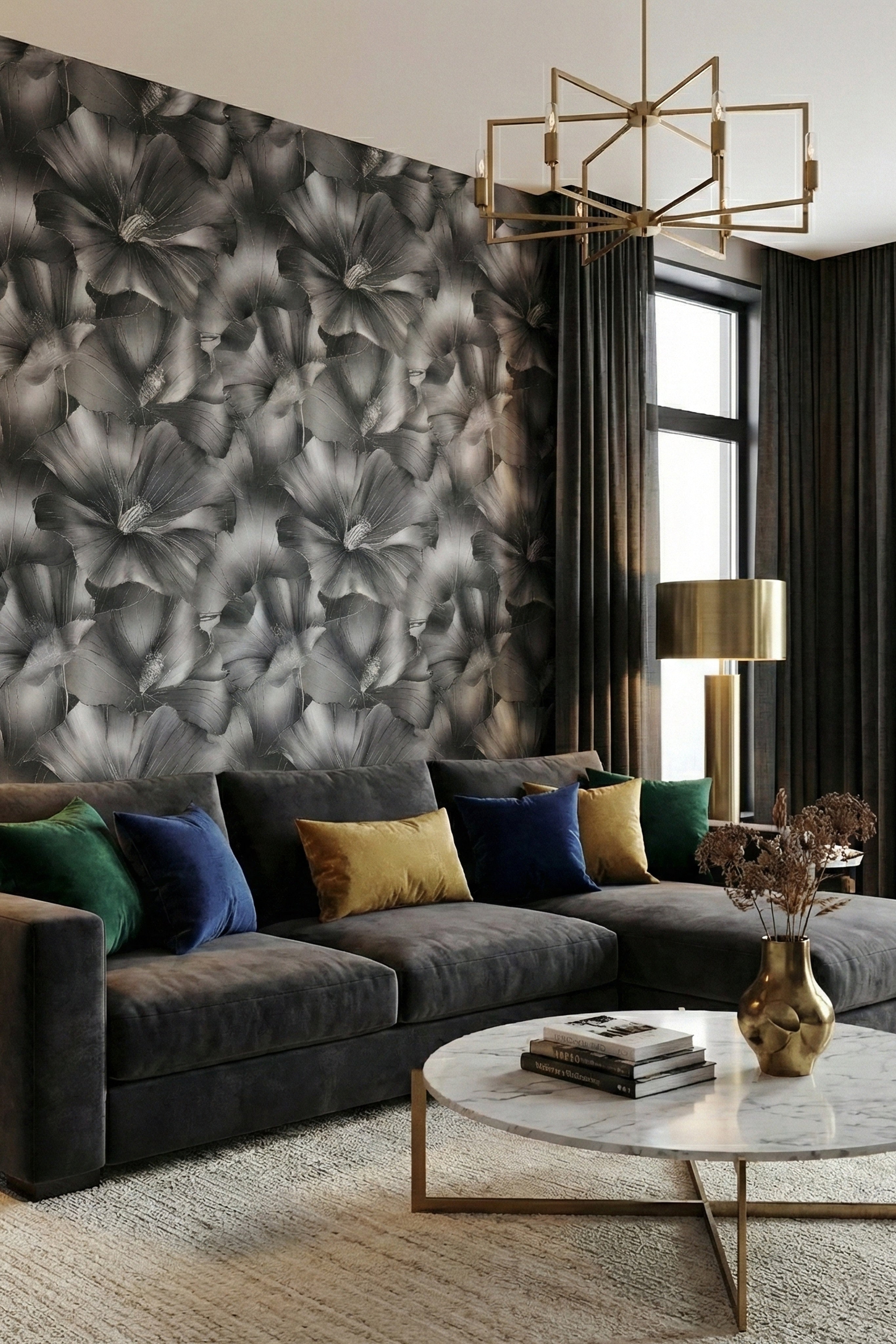 Oversized grayscale retro blooms on bold monochrome wallpaper in a living room.