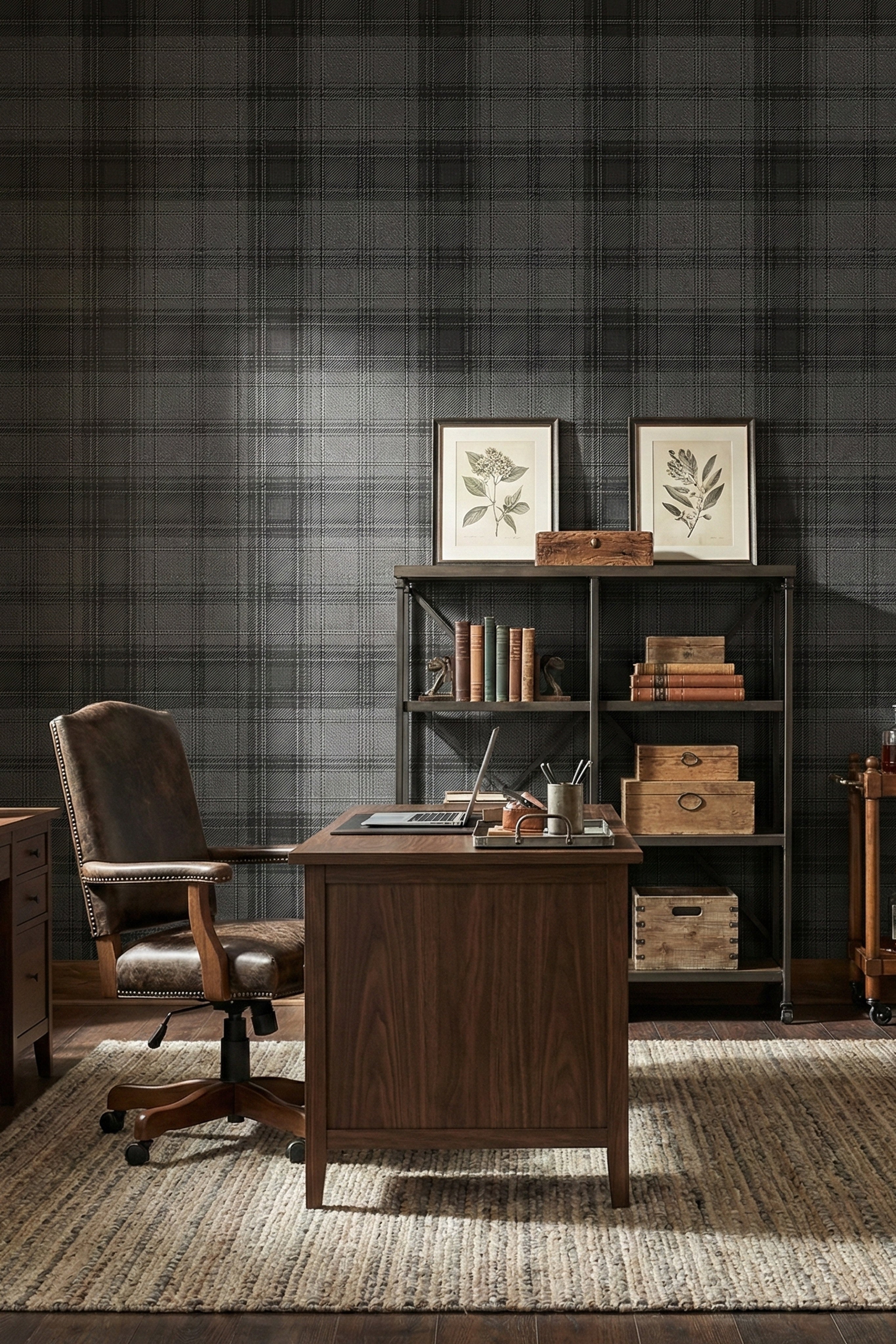 Charcoal and gray tartan plaid wallpaper in a home office.