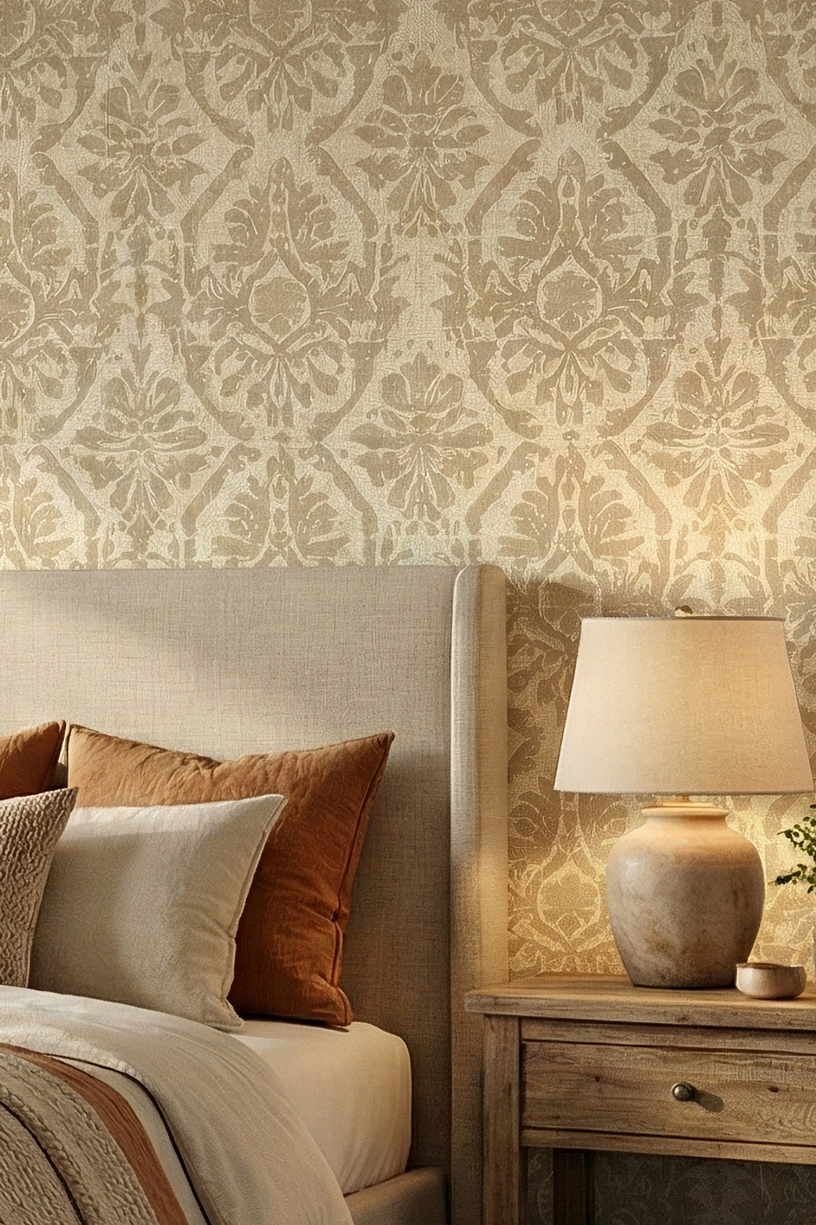 Tone-on-tone beige damask on faux-linen wallpaper in a bedroom.