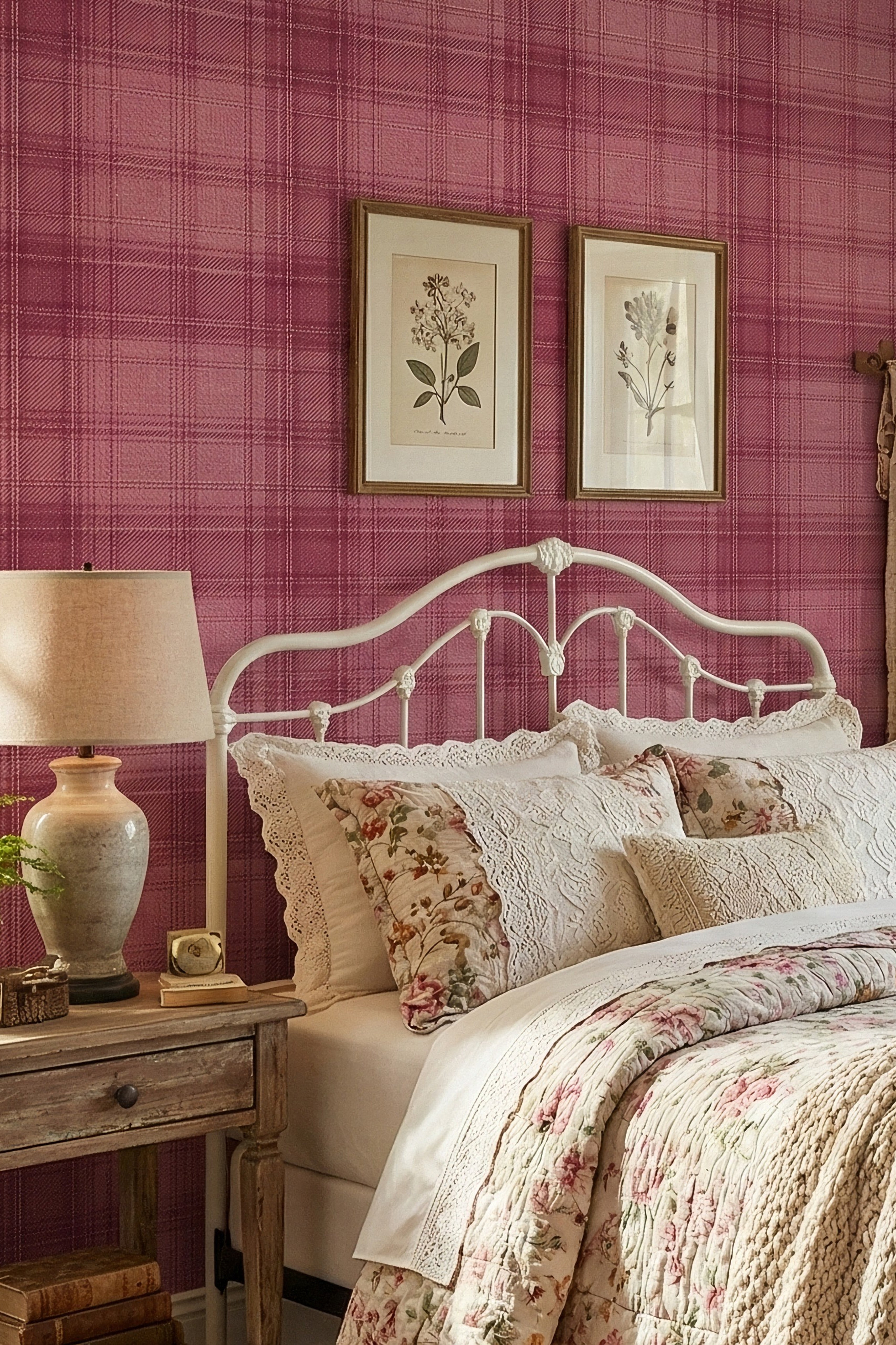 Rosy pink tartan check wallpaper in a cozy bedroom.