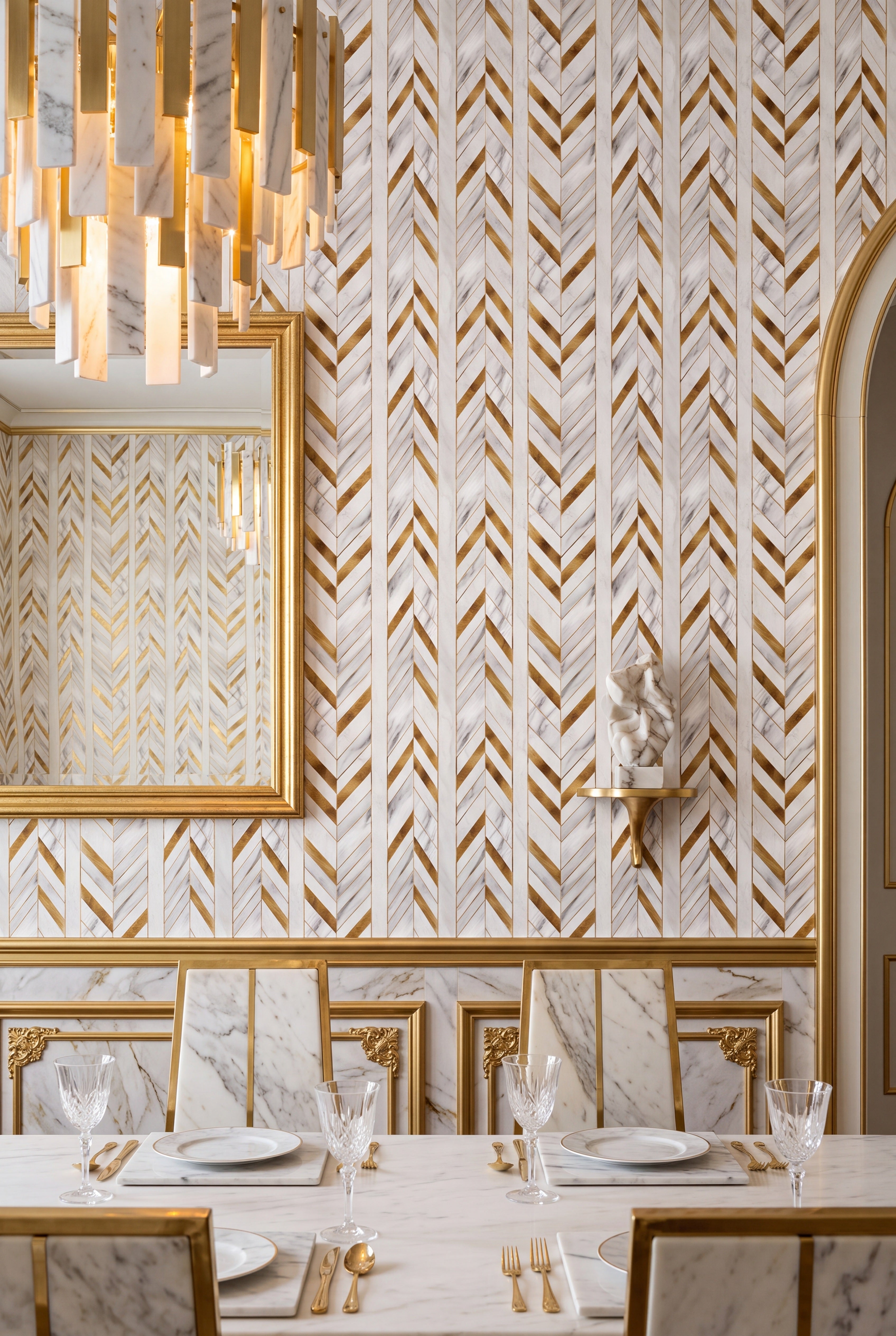 White and gold chevrons over marble-veined wallpaper in a dining room.