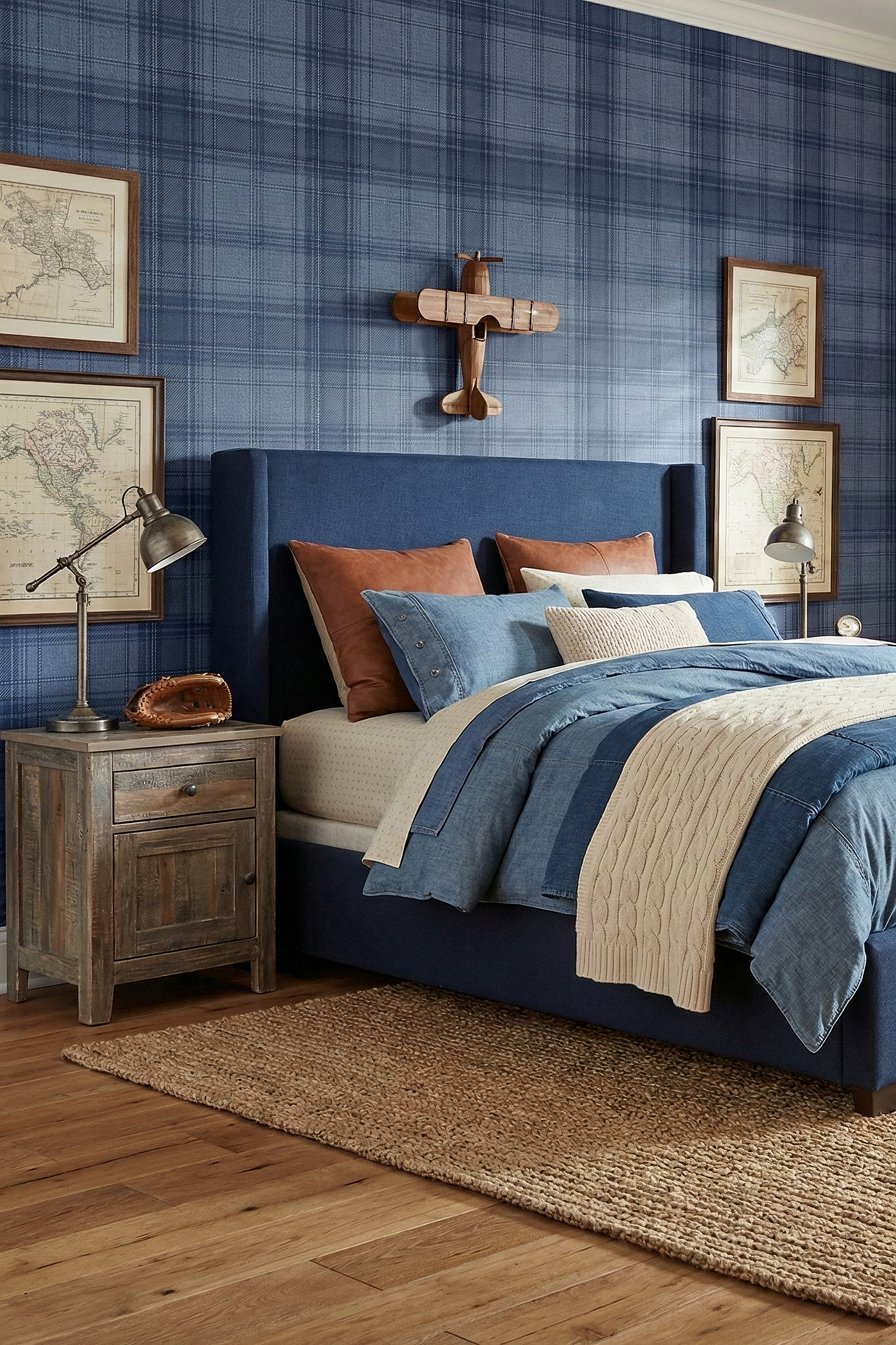 Deep blue tailored plaid flannel wallpaper in a bedroom.