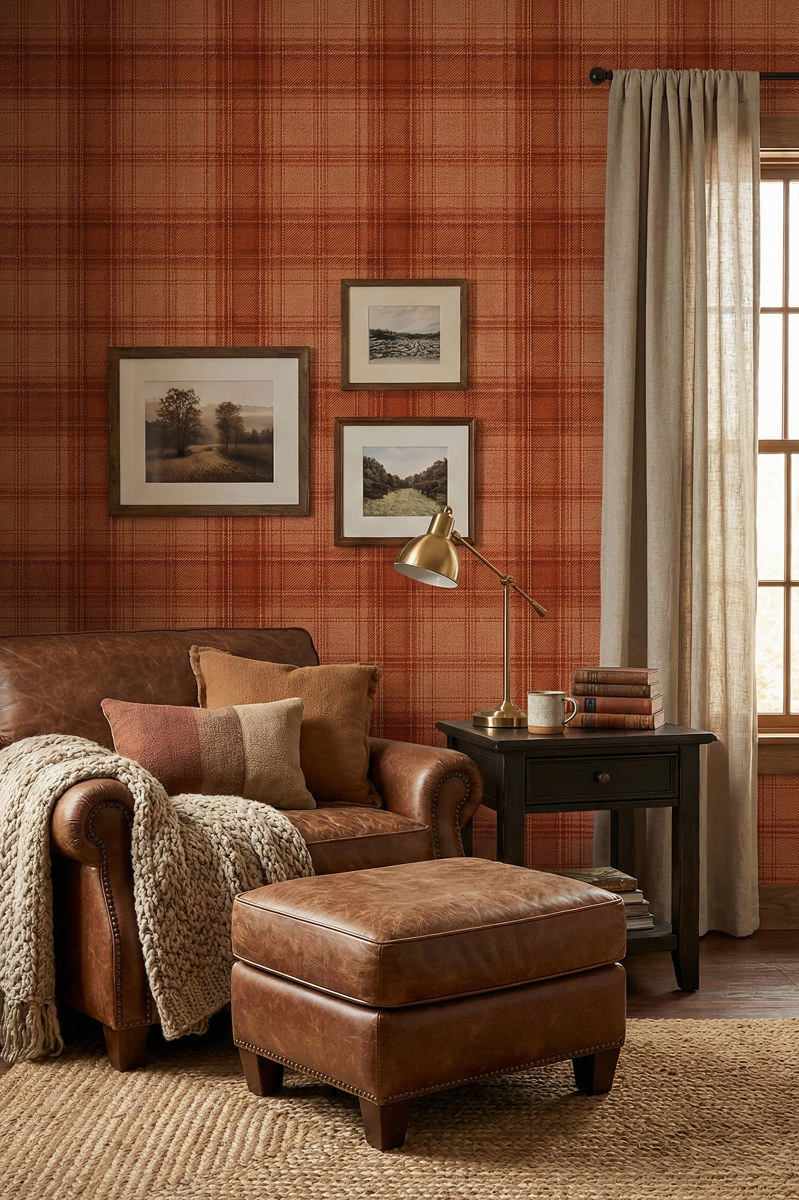 Terracotta and warm brown tartan check wallpaper in a cozy reading corner.