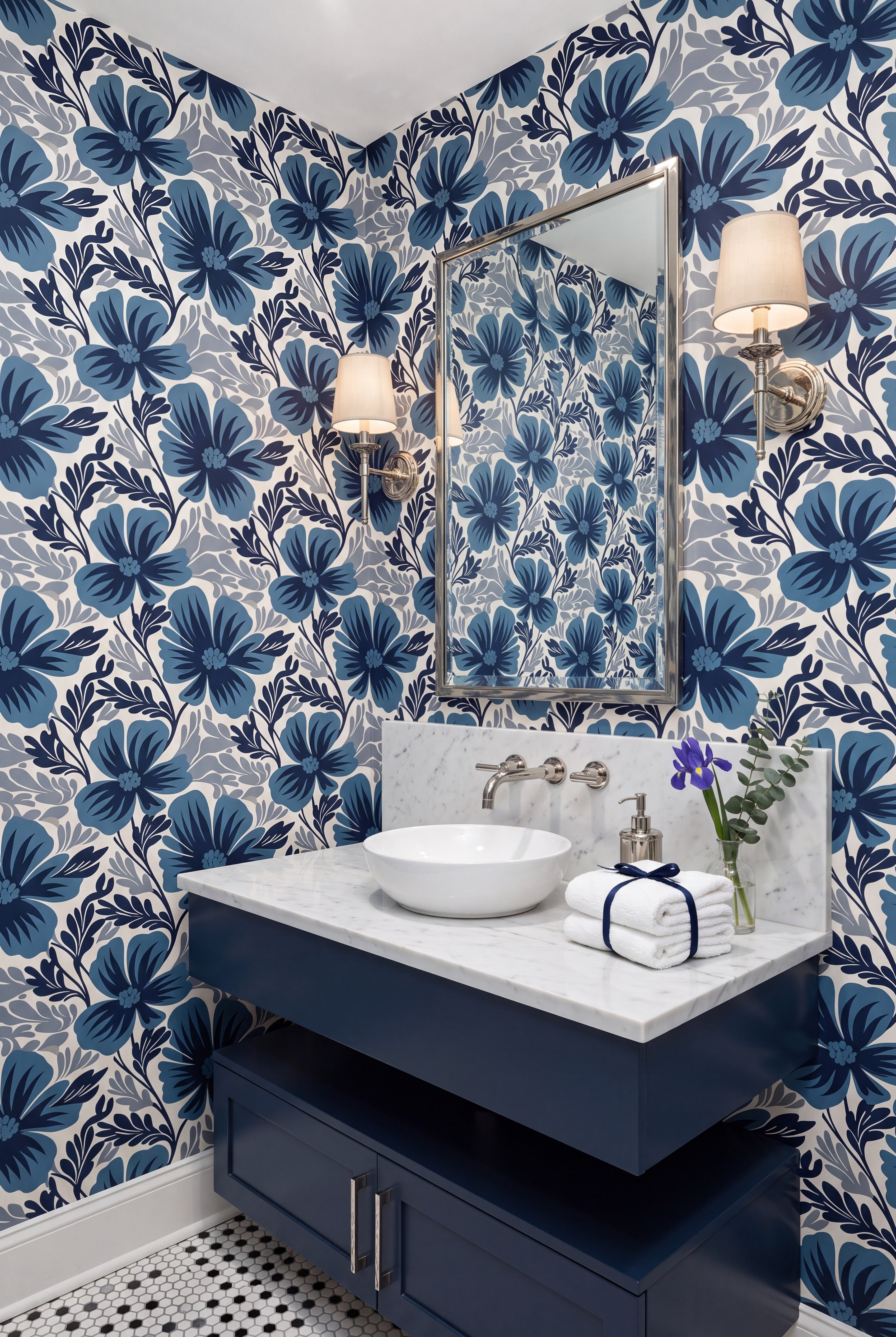 Bold navy tropical flowers on a crisp white wallpaper in a powder room.