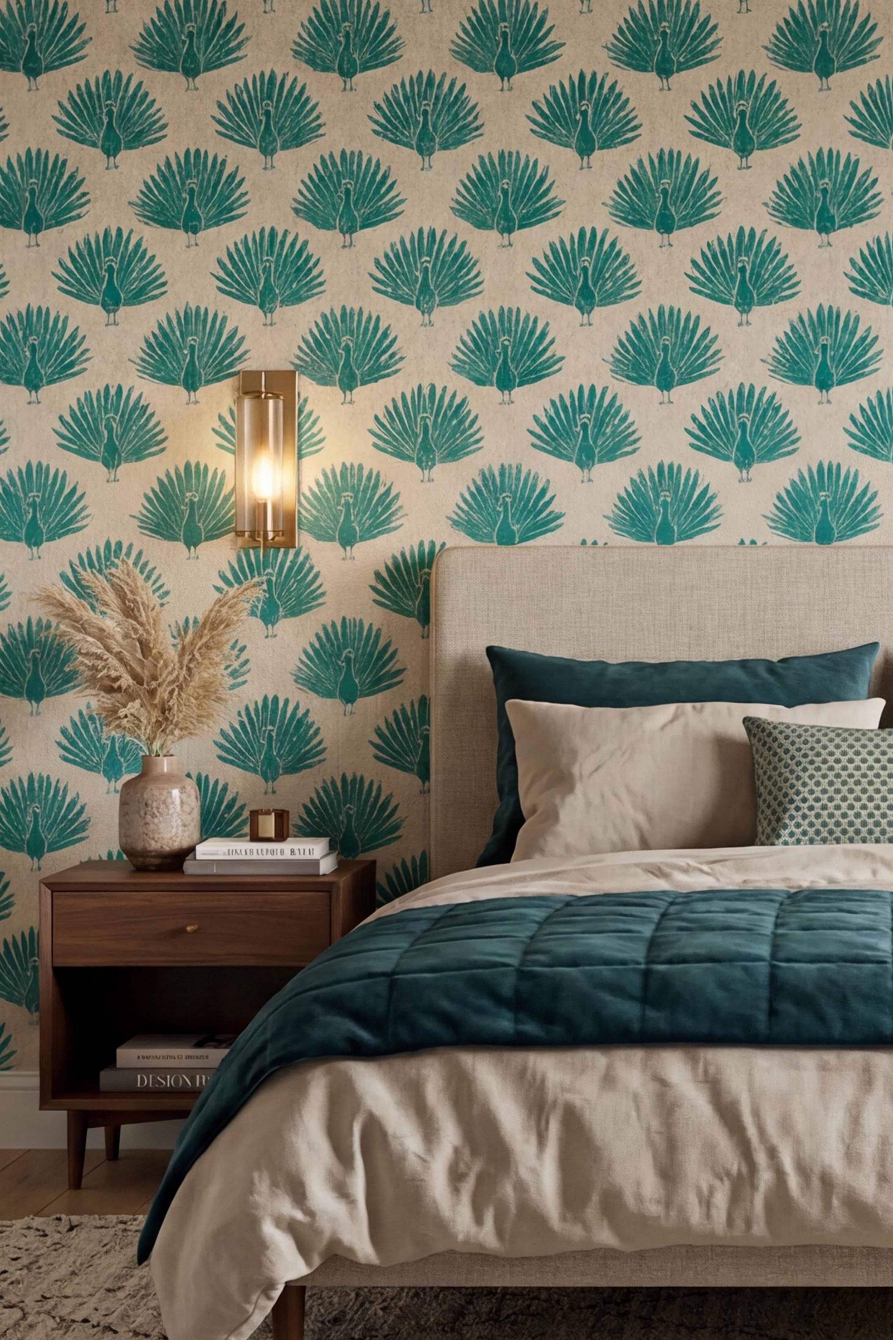 Emerald green peacock fans on beige faux-linen wallpaper in a bedroom.