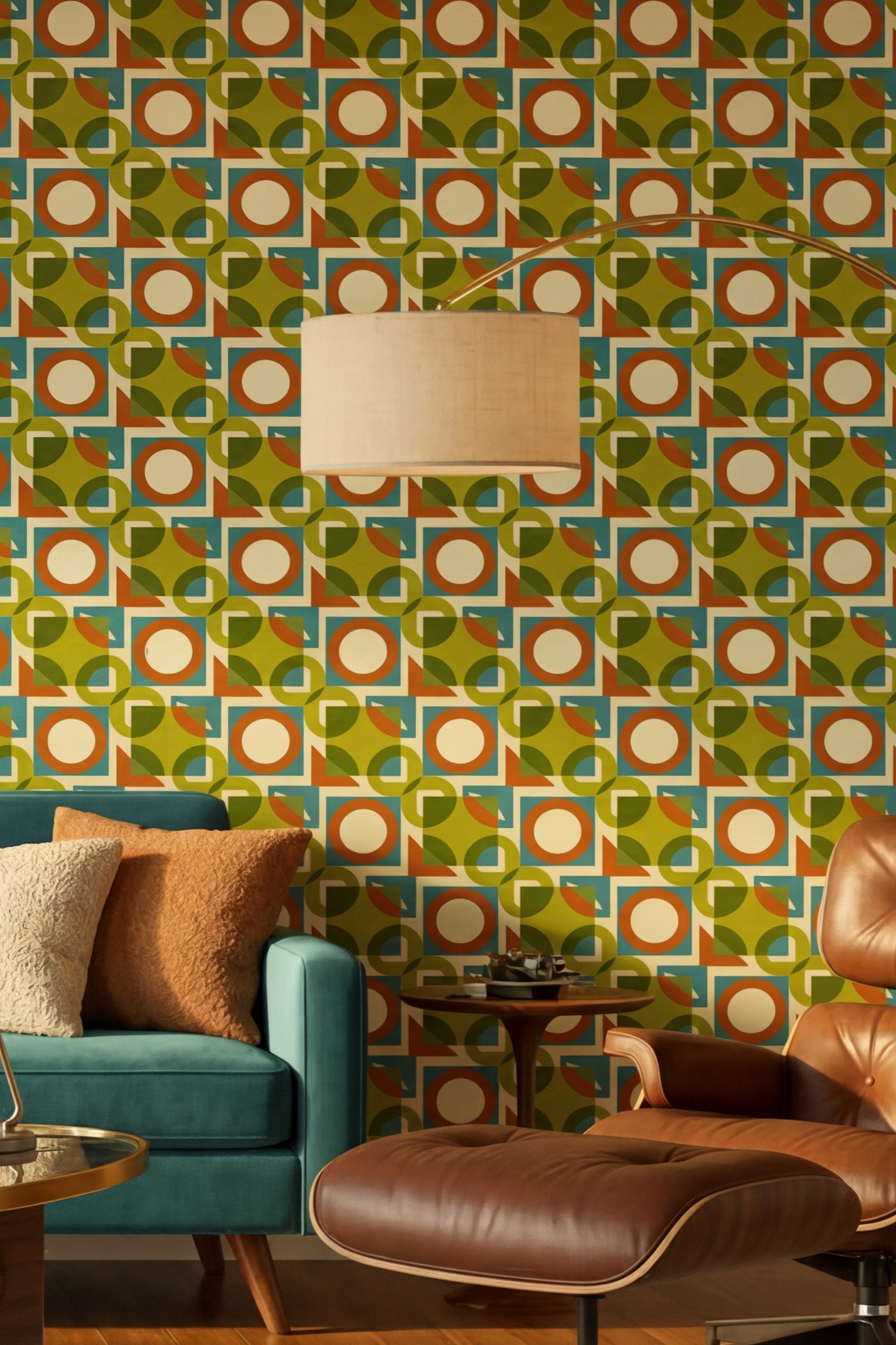 Olive, teal, and burnt orange mid-century circles on wallpaper in a living room.
