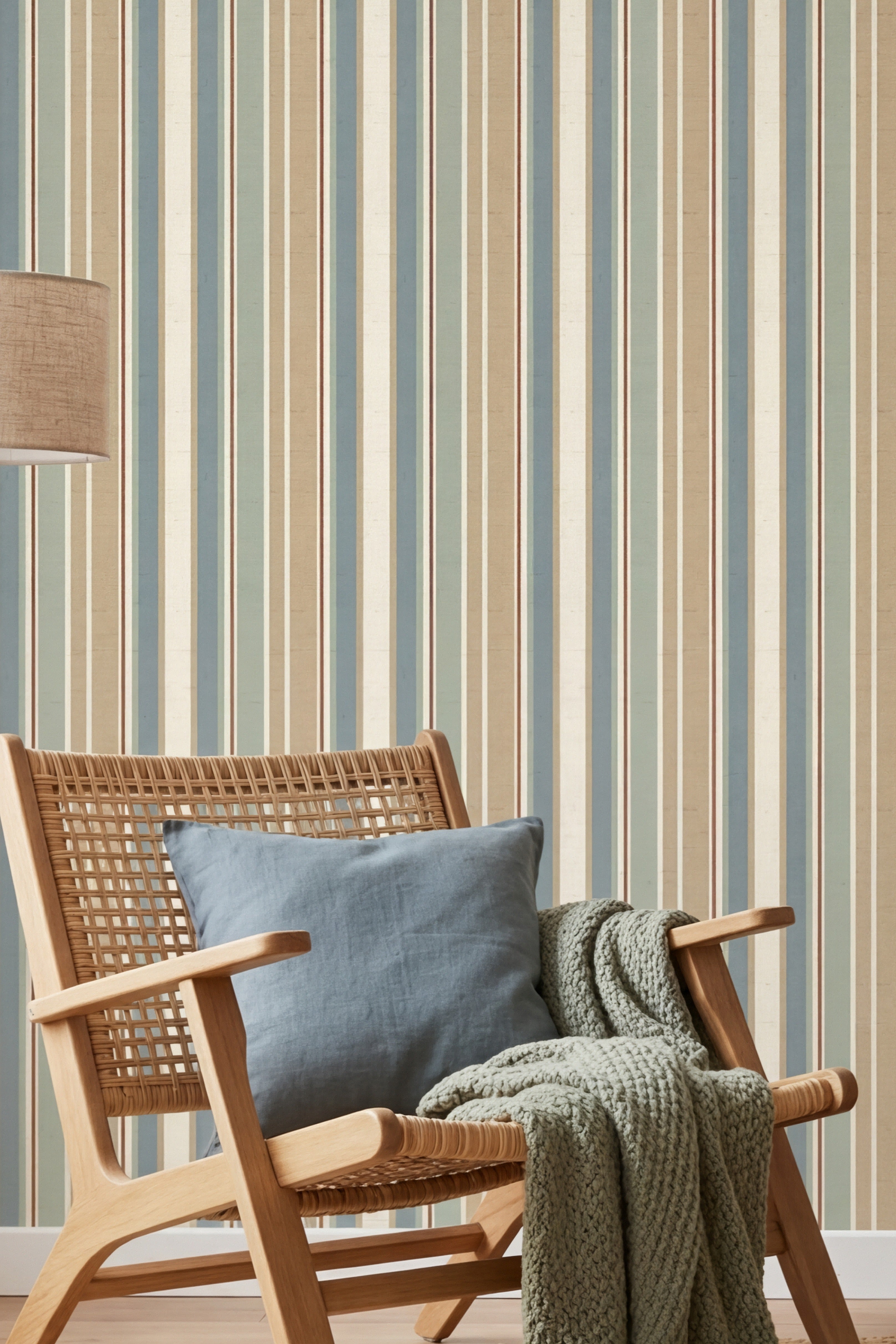Soft blue, sage, and cream vertical stripes on wallpaper in a reading corner.