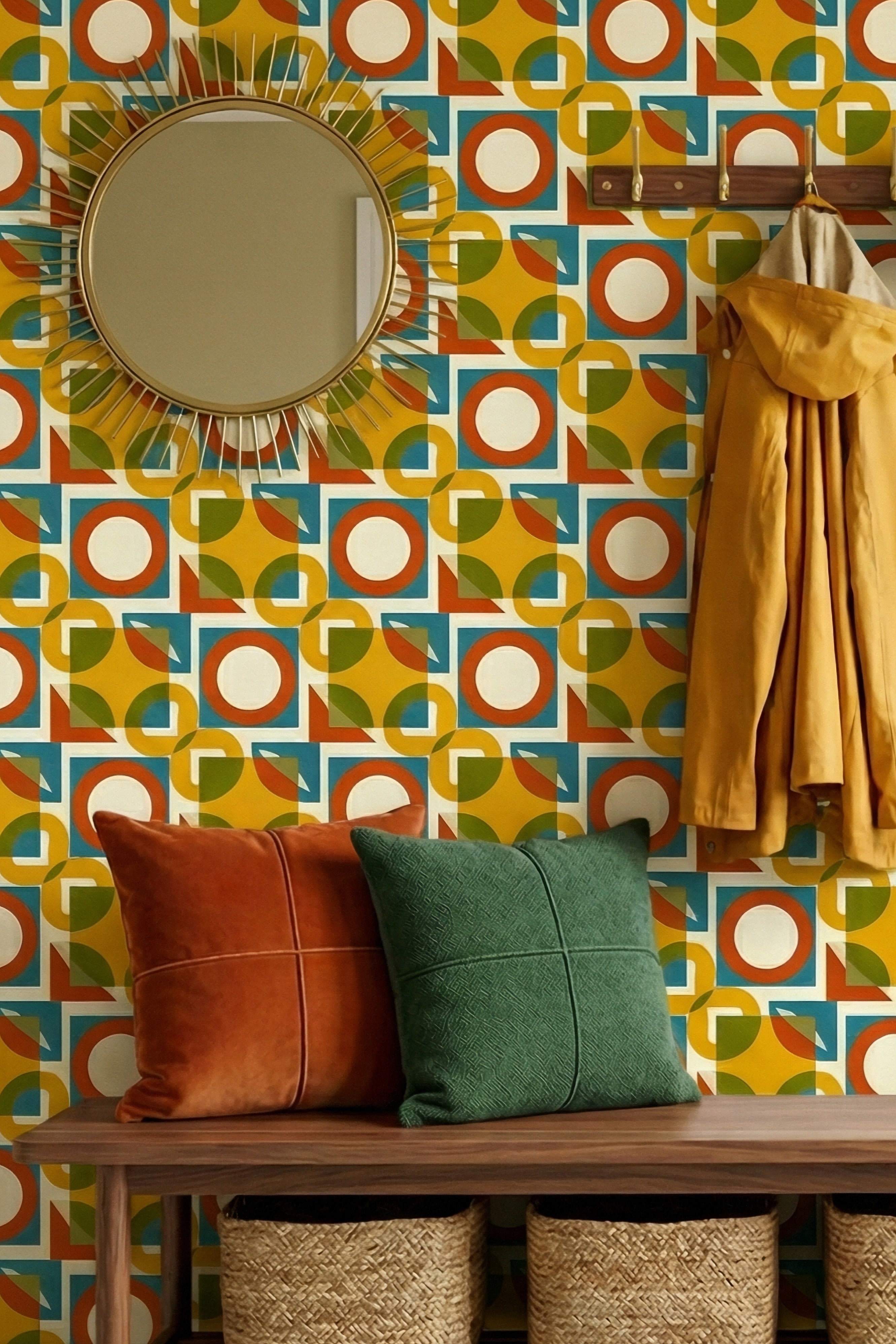 Mustard, teal, and burnt orange mid-century circles on mudroom wallpaper.